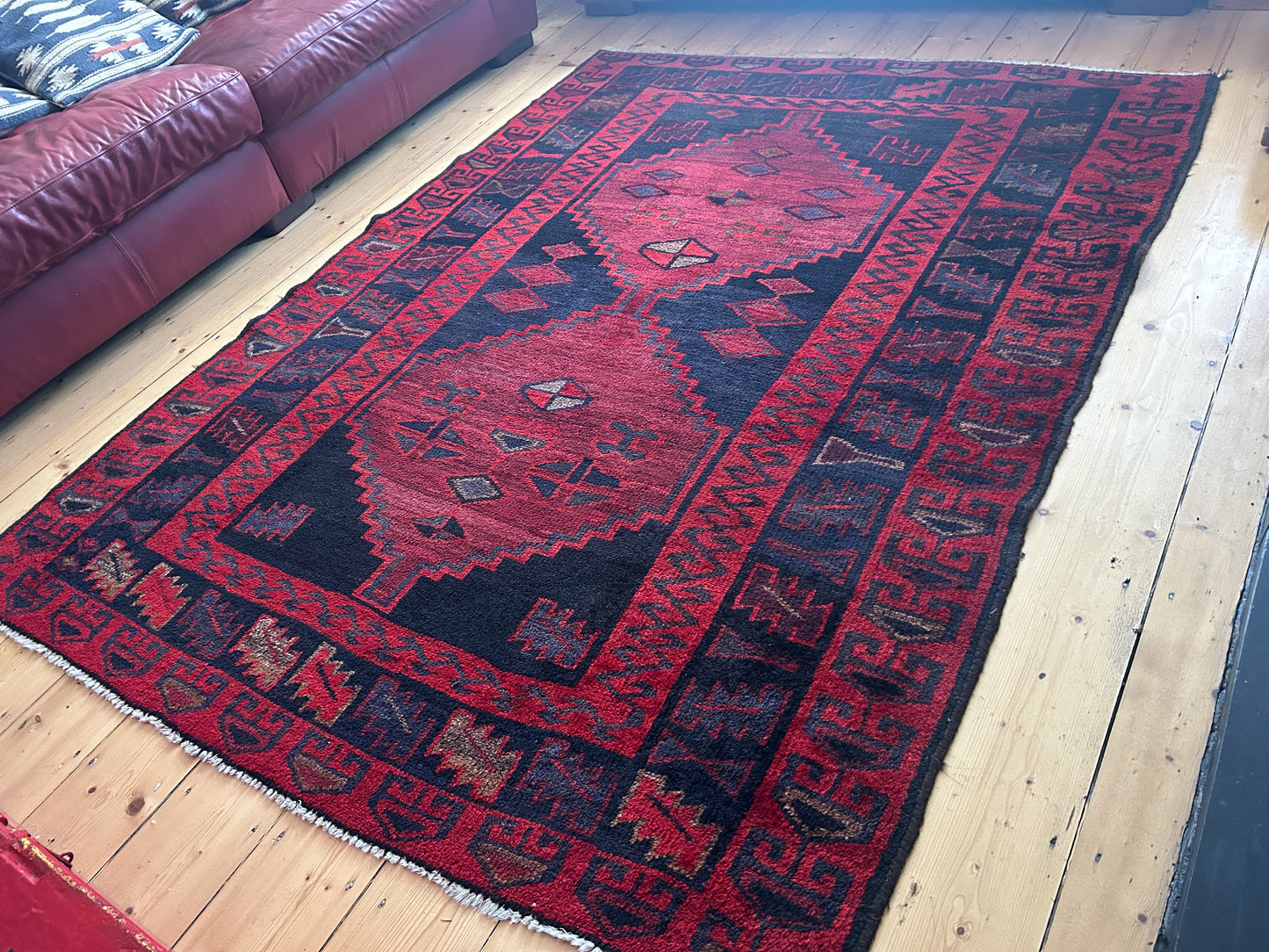 Vintage Handmade Hand-Woven Afghan Red & Black Aztec Rug
