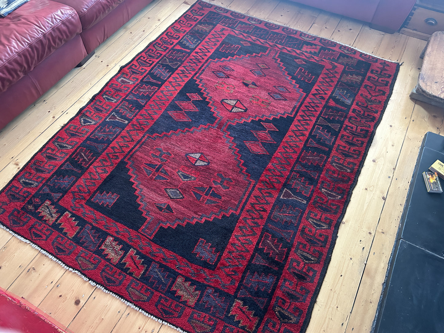 Vintage Handmade Hand-Woven Afghan Red & Black Aztec Rug