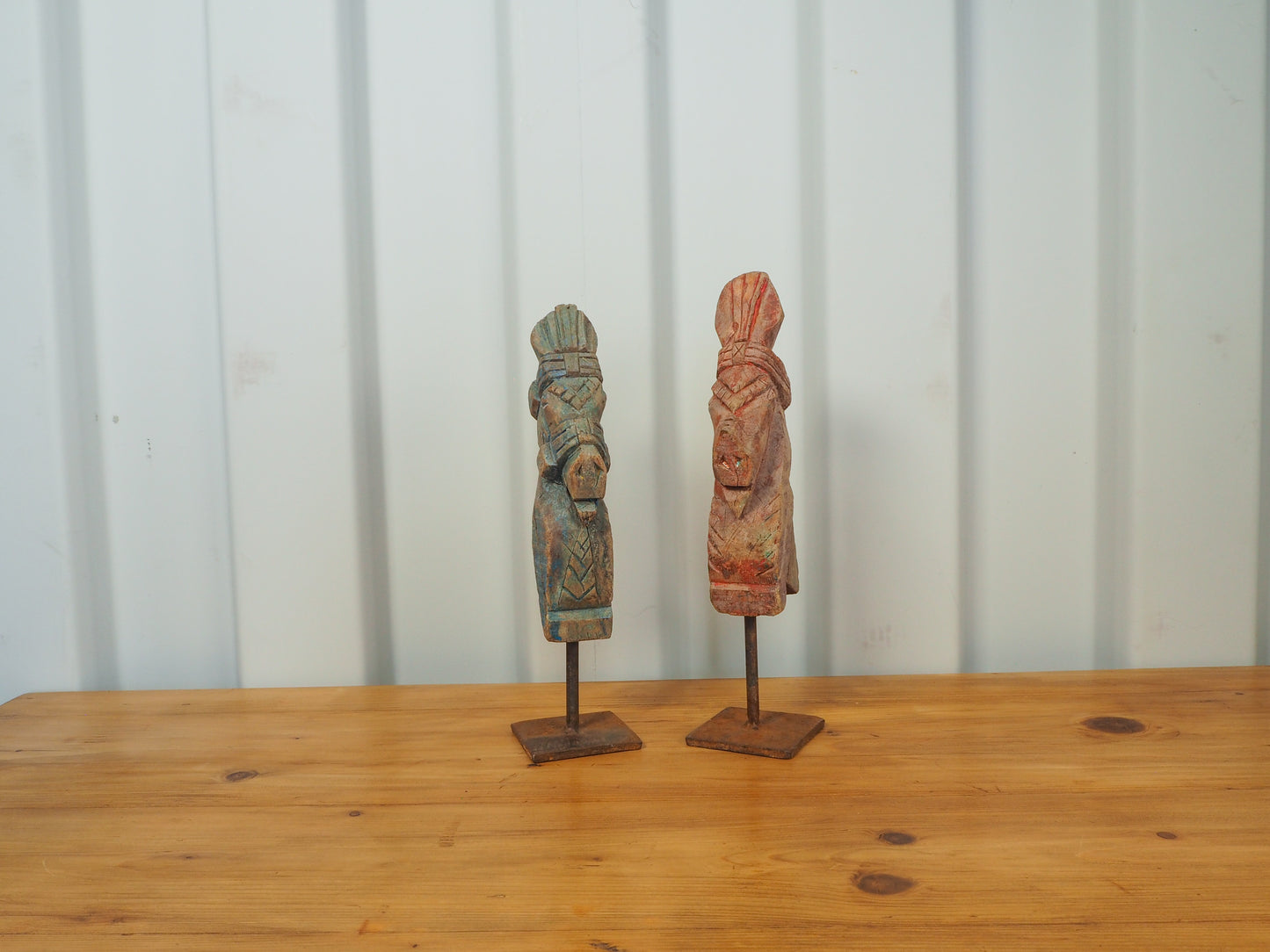 Antique Indian Hand-Carved Wooden Horses Heads on Stand / Blue & Red Paint (Sold Individually)