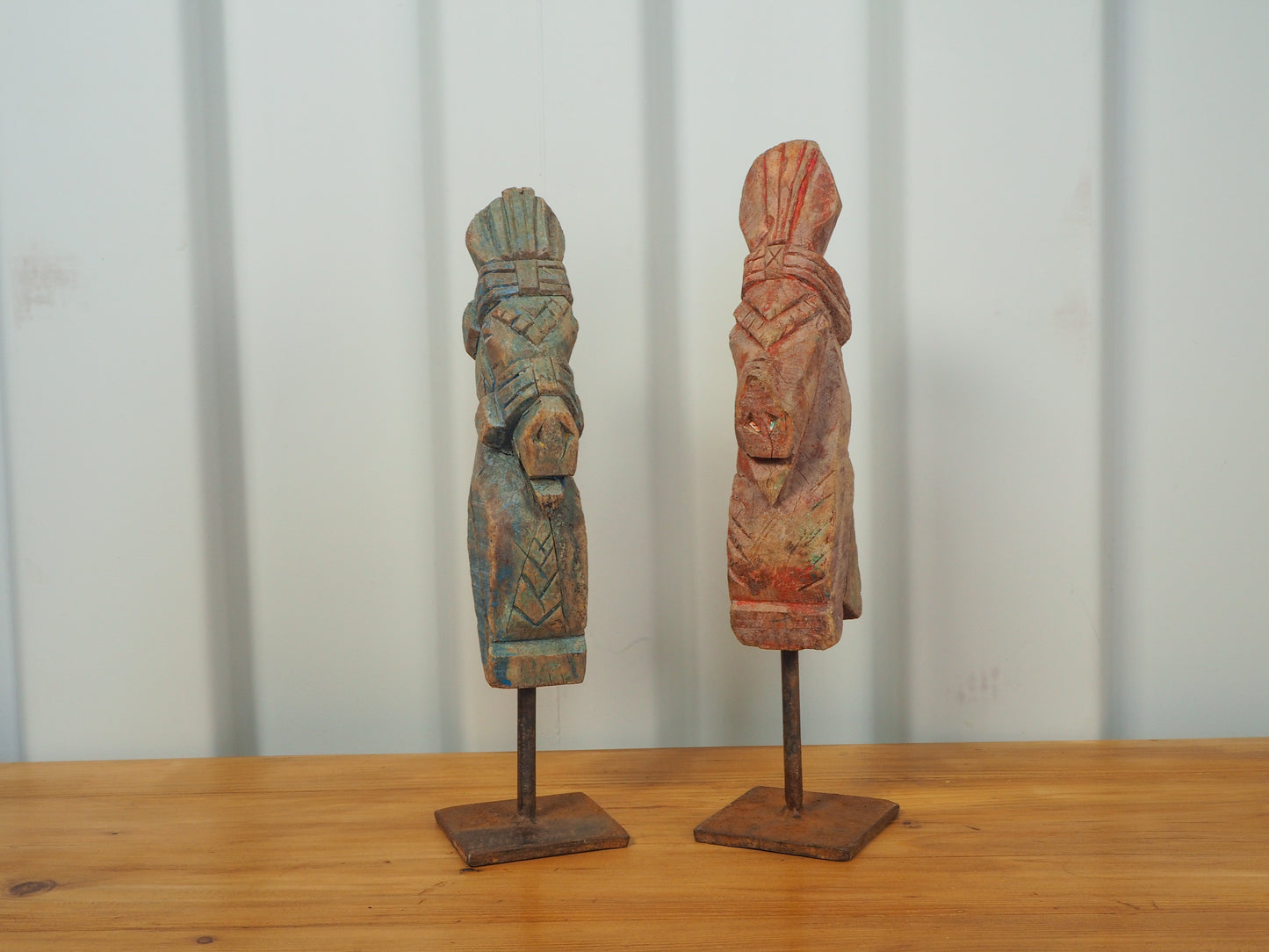 Antique Indian Hand-Carved Wooden Horses Heads on Stand / Blue & Red Paint (Sold Individually)