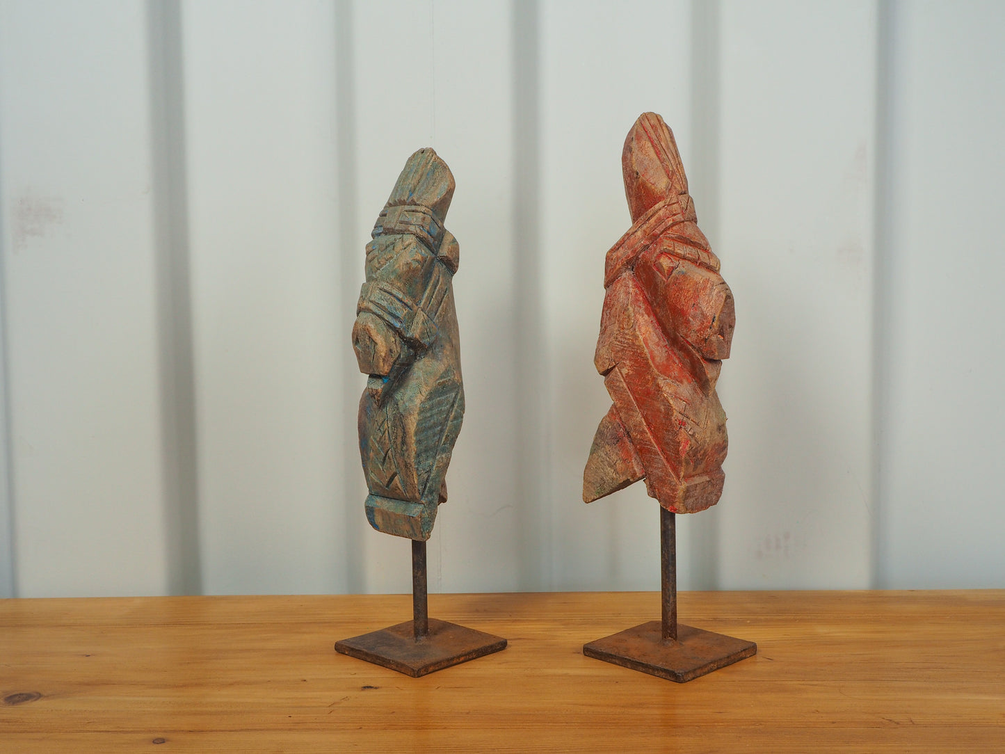 Antique Indian Hand-Carved Wooden Horses Heads on Stand / Blue & Red Paint (Sold Individually)