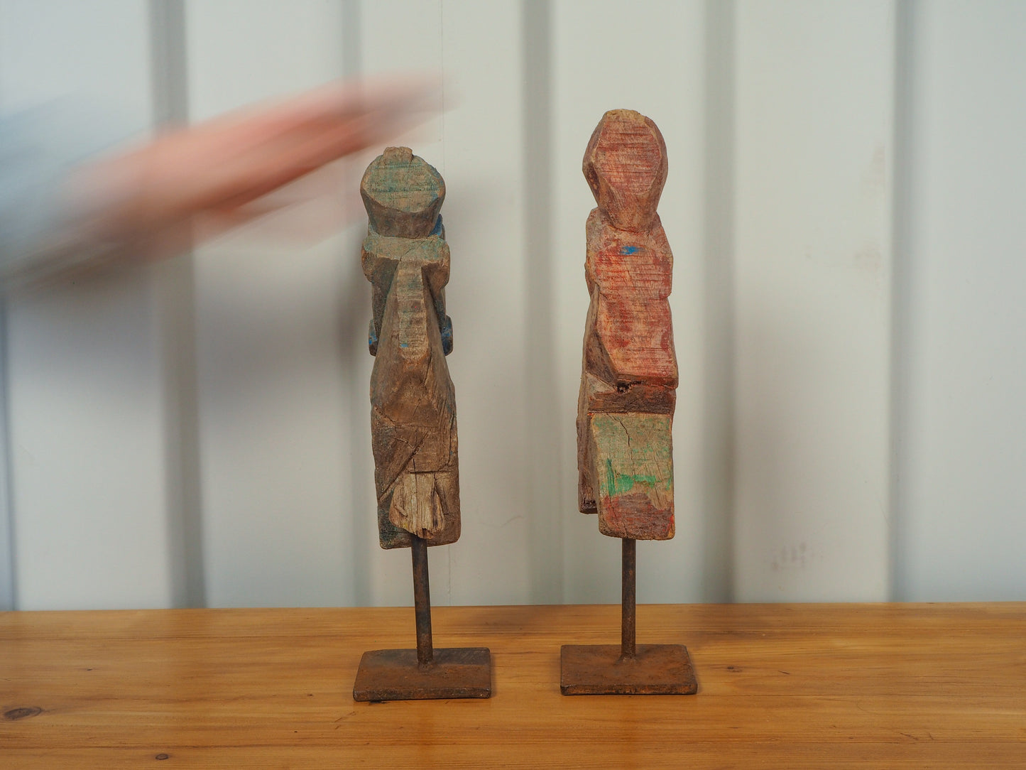 Antique Indian Hand-Carved Wooden Horses Heads on Stand / Blue & Red Paint (Sold Individually)