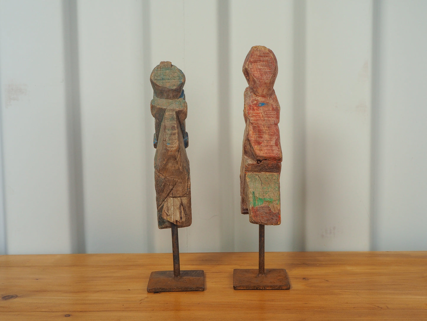 Antique Indian Hand-Carved Wooden Horses Heads on Stand / Blue & Red Paint (Sold Individually)