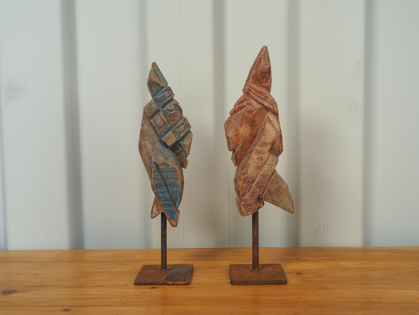 Antique Indian Hand-Carved Wooden Horses Heads on Stand / Blue & Red Paint (Sold Individually)