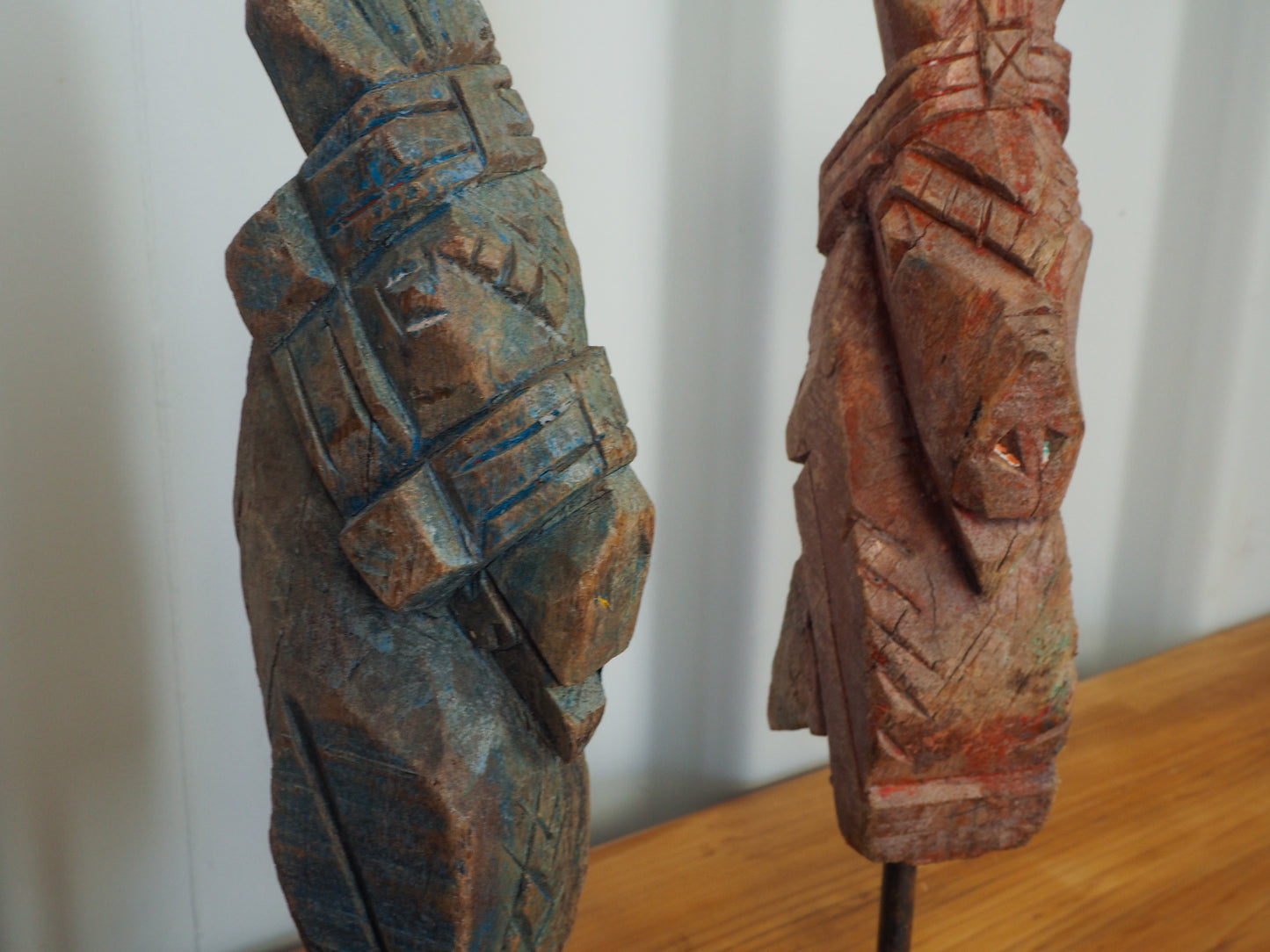 Antique Indian Hand-Carved Wooden Horses Heads on Stand / Blue & Red Paint (Sold Individually)