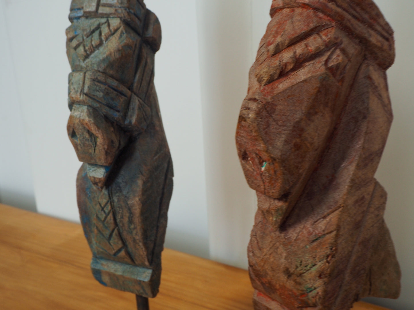 Antique Indian Hand-Carved Wooden Horses Heads on Stand / Blue & Red Paint (Sold Individually)