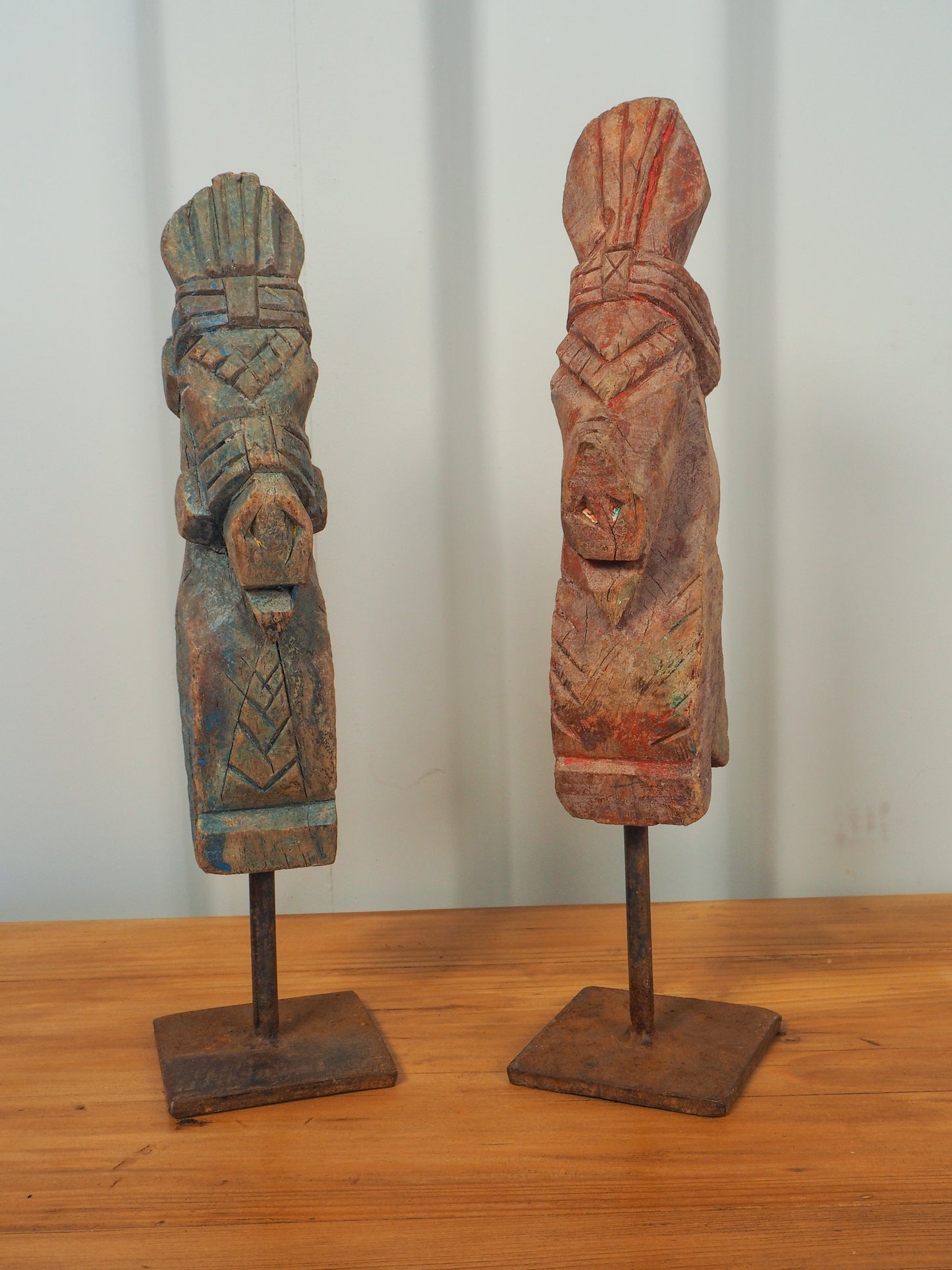 Antique Indian Hand-Carved Wooden Horses Heads on Stand / Blue & Red Paint (Sold Individually)