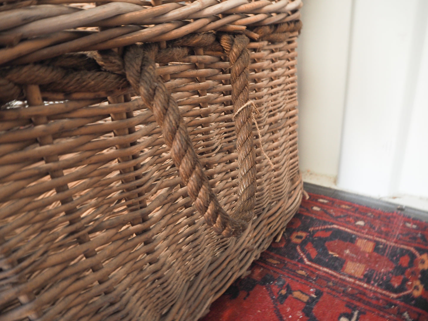 Vintage Antique Wicker Large Mill Log Basket / Rope Handles / Fire Storage