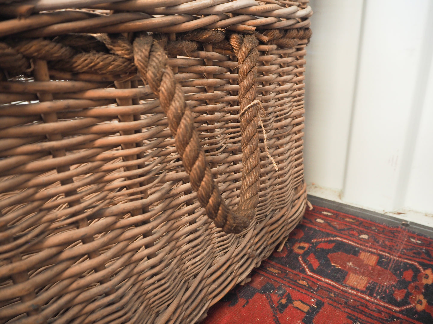 Vintage Antique Wicker Large Mill Log Basket / Rope Handles / Fire Storage