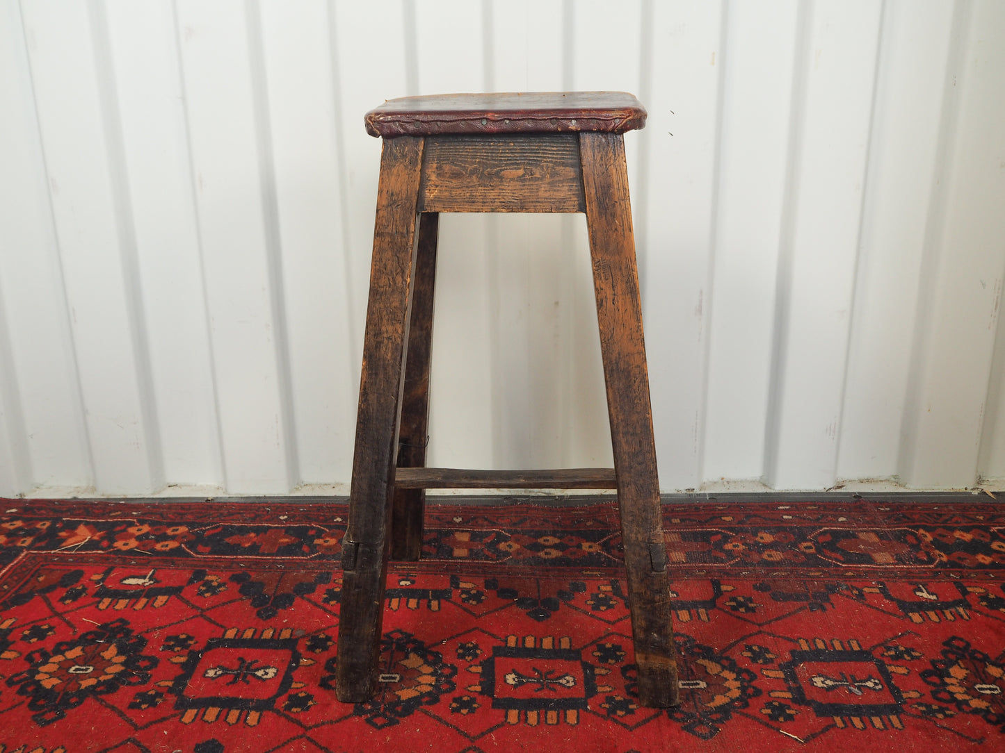 Vintage Antique Original Artists Wooden Stool / Leather Upholstered Seat