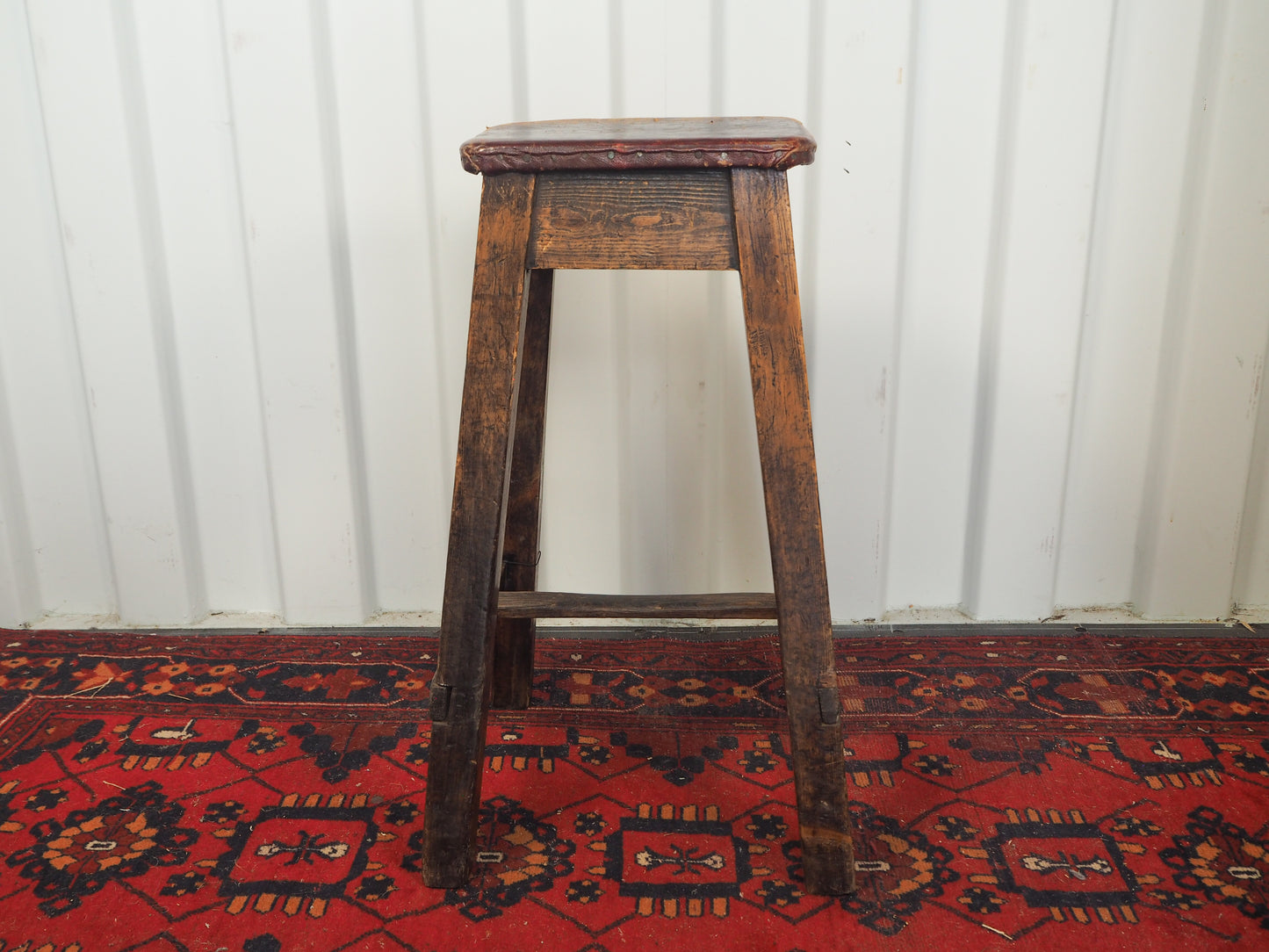 Vintage Antique Original Artists Wooden Stool / Leather Upholstered Seat