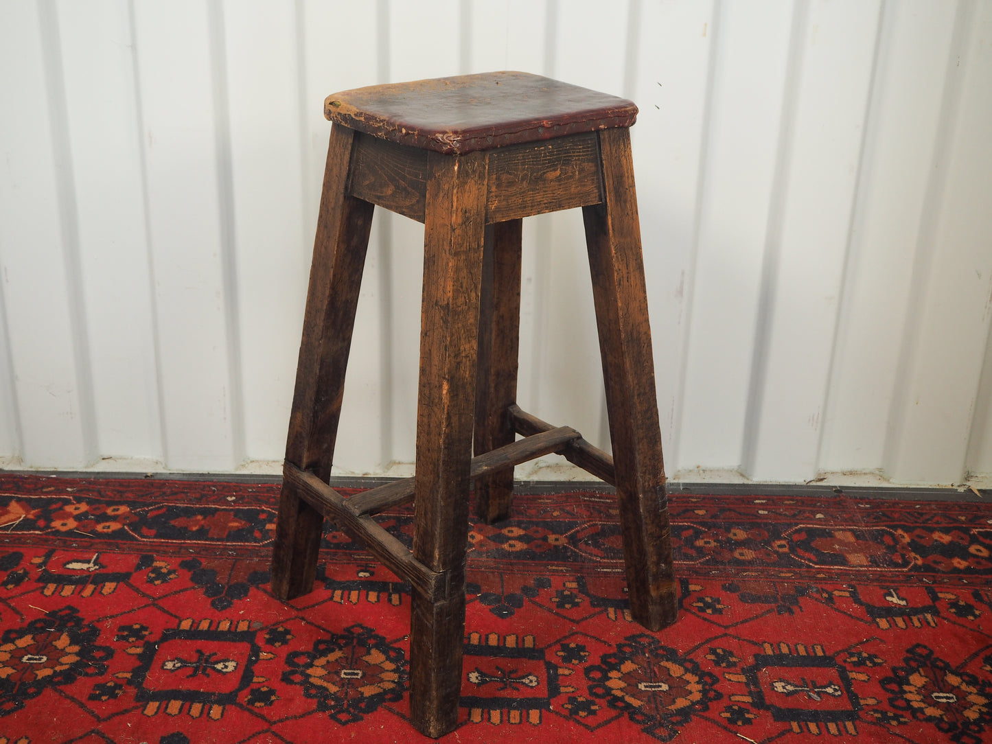 Vintage Antique Original Artists Wooden Stool / Leather Upholstered Seat