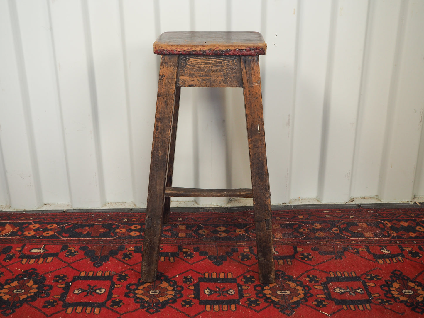 Vintage Antique Original Artists Wooden Stool / Leather Upholstered Seat