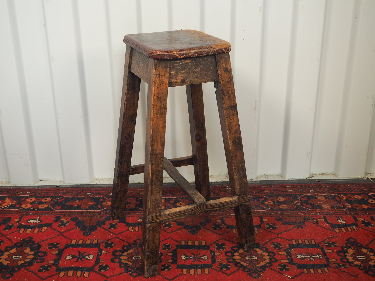 Vintage Antique Original Artists Wooden Stool / Leather Upholstered Seat