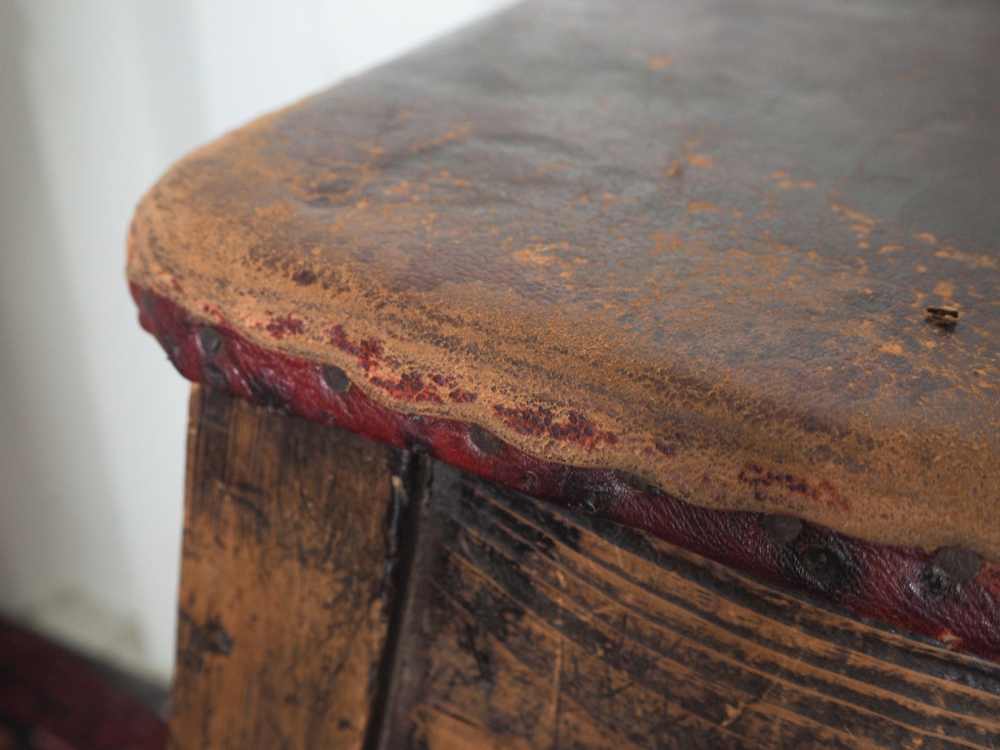 Vintage Antique Original Artists Wooden Stool / Leather Upholstered Seat