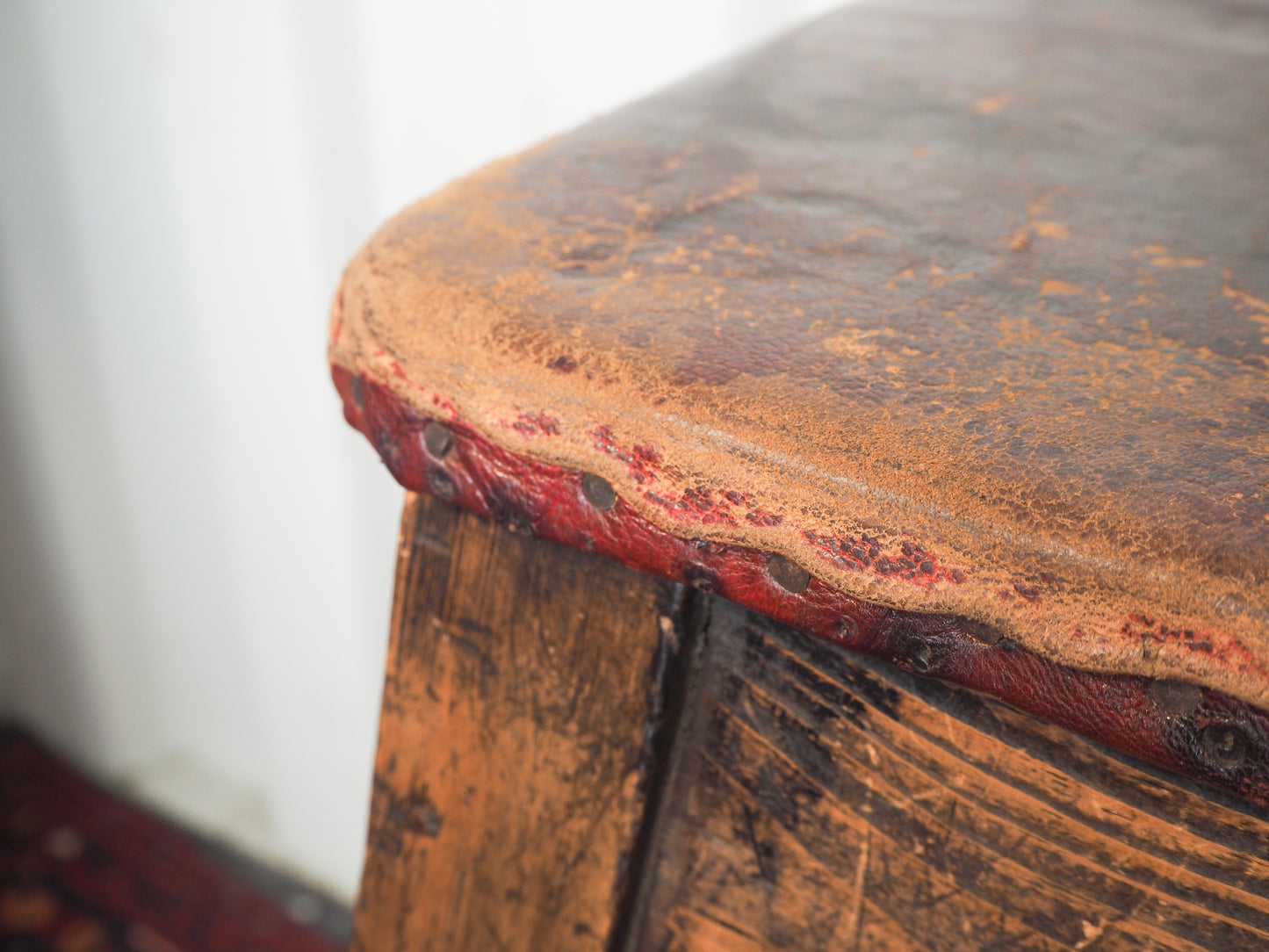 Vintage Antique Original Artists Wooden Stool / Leather Upholstered Seat