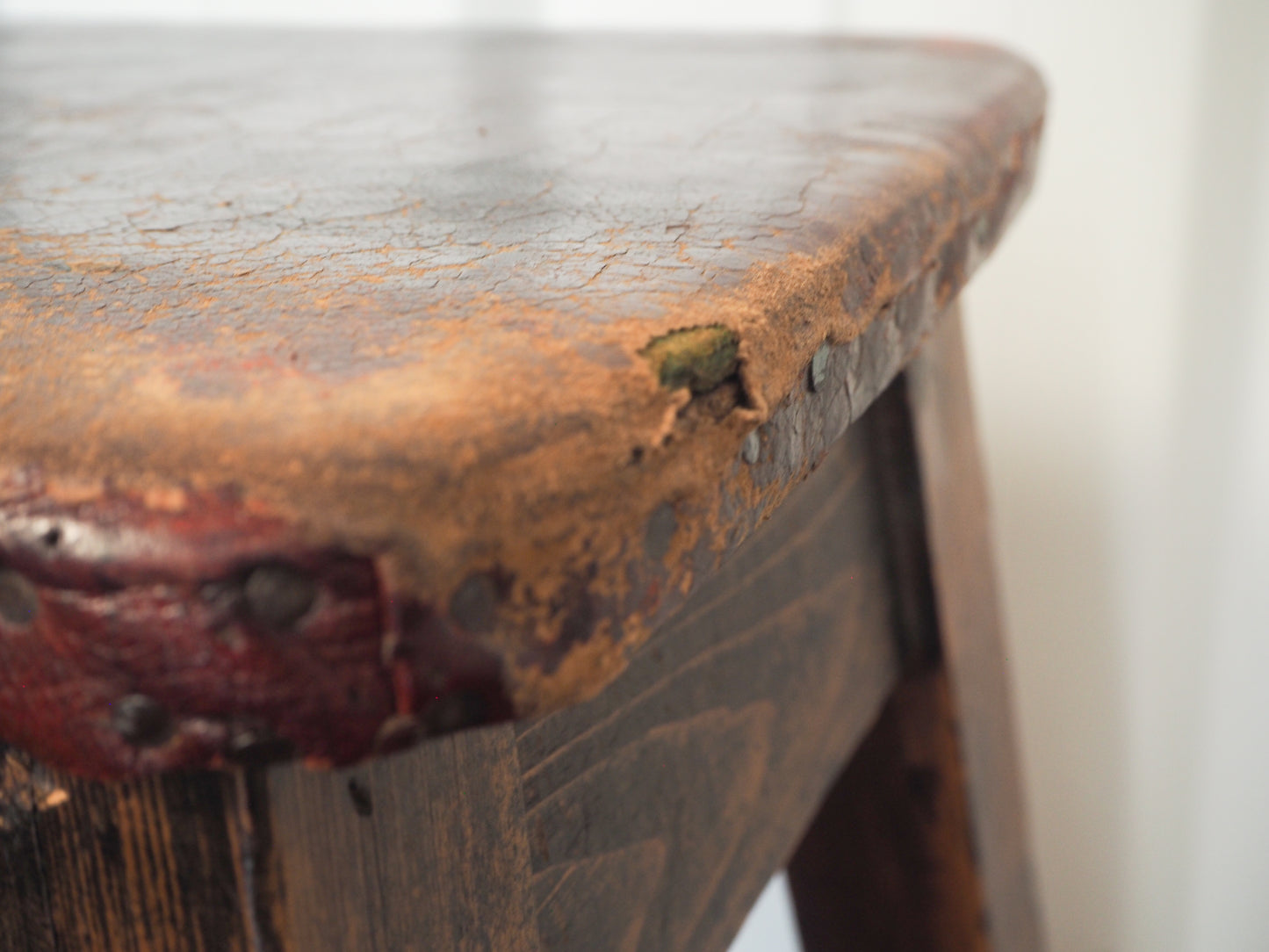 Vintage Antique Original Artists Wooden Stool / Leather Upholstered Seat