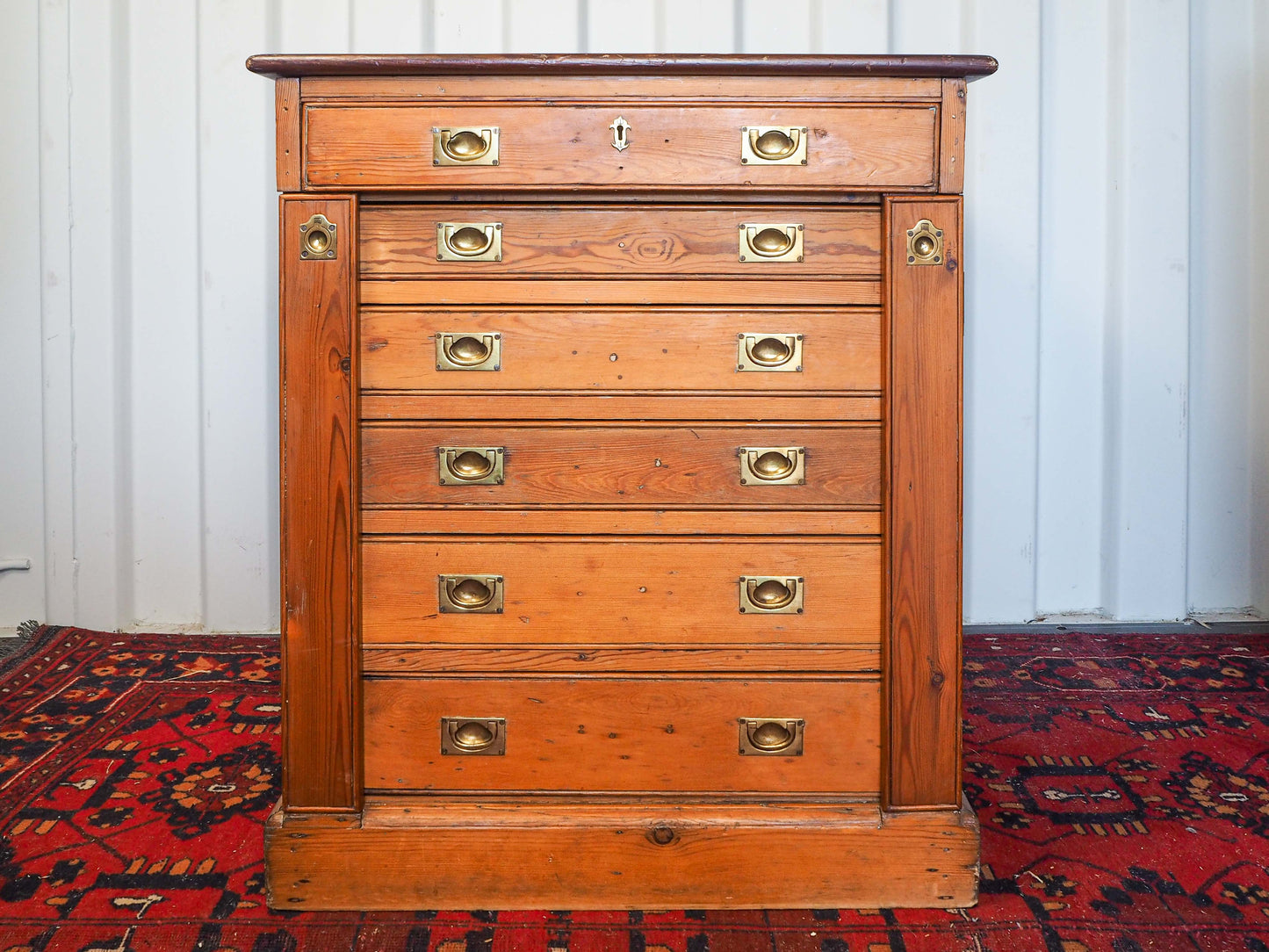 Vintage Antique Pitch Pine Haberdashery Wellington Style Chest with Graduated Drawers