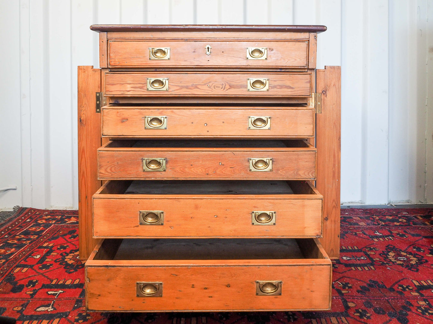 Vintage Antique Pitch Pine Haberdashery Wellington Style Chest with Graduated Drawers