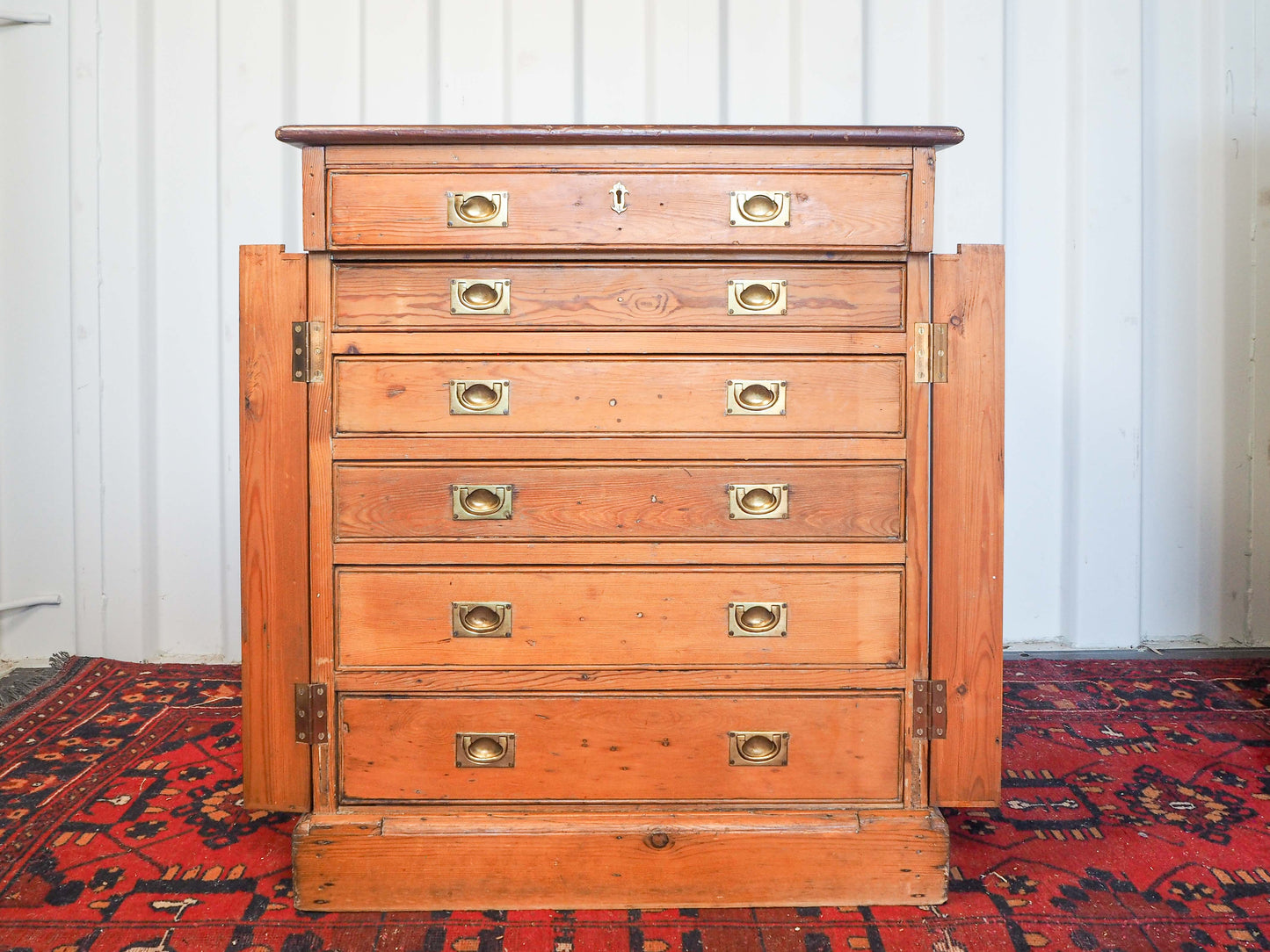 Vintage Antique Pitch Pine Haberdashery Wellington Style Chest with Graduated Drawers