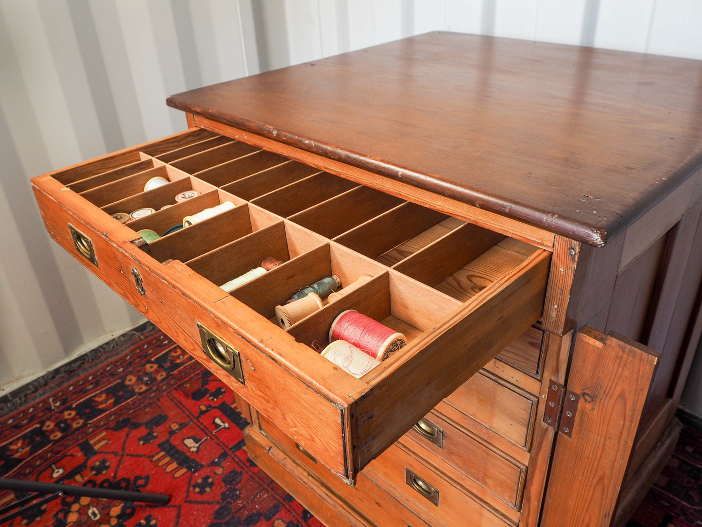 Vintage Antique Pitch Pine Haberdashery Wellington Style Chest with Graduated Drawers