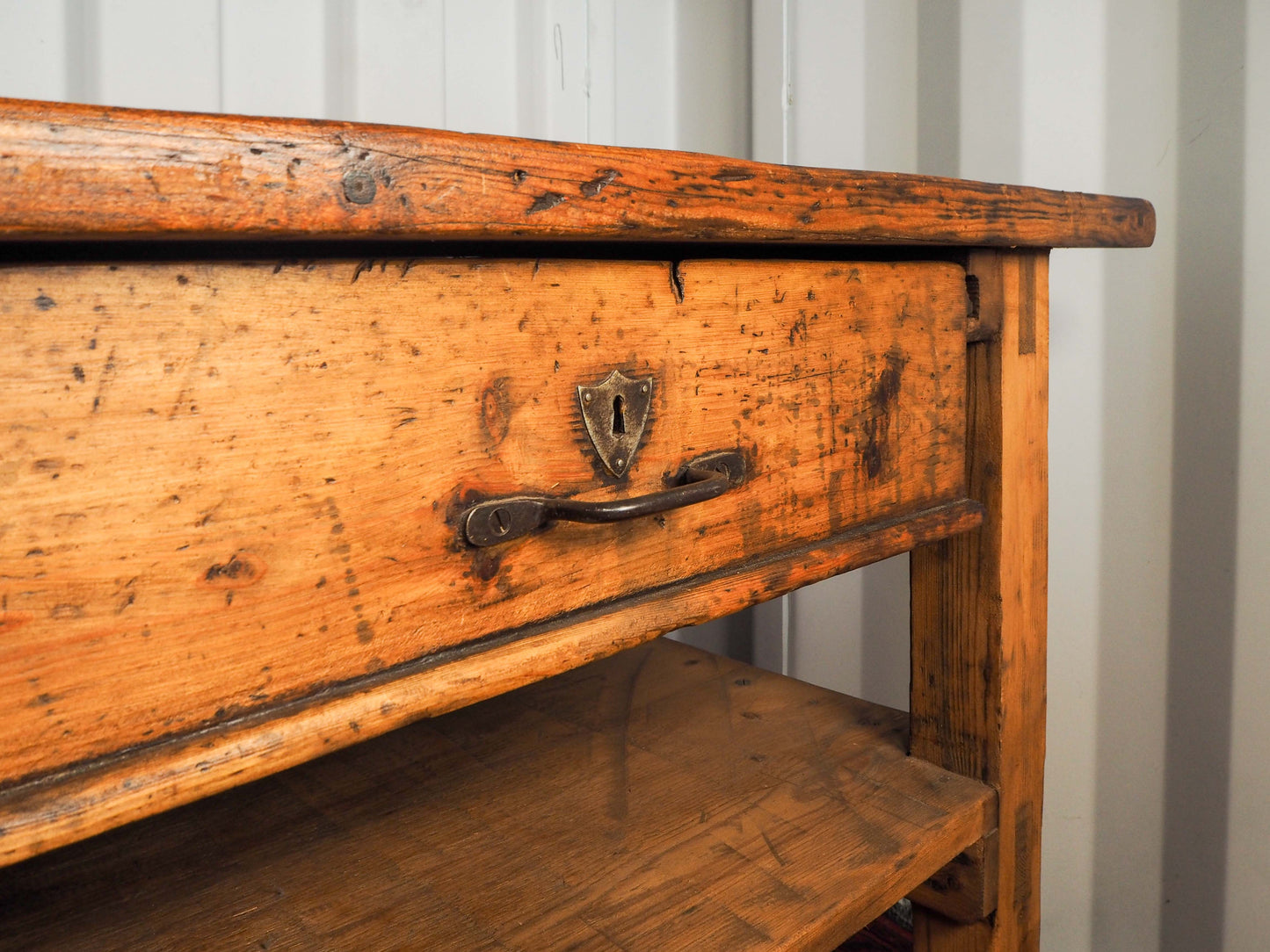 Antique Vintage Large Dutch Industrial Pine Wooden Kitchen Table Worktop / Island / Work Bench with Drawers