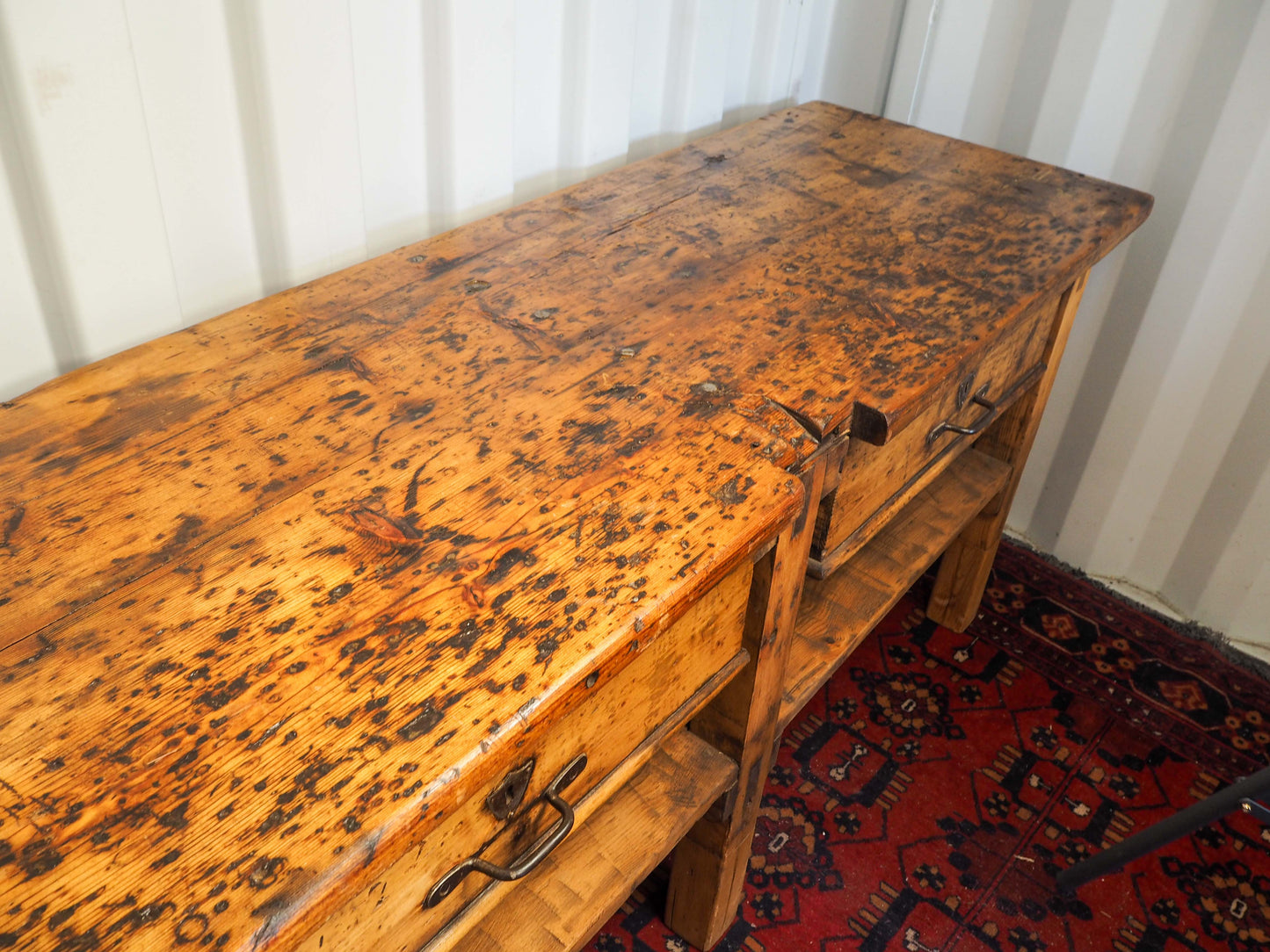 Antique Vintage Large Dutch Industrial Pine Wooden Kitchen Table Worktop / Island / Work Bench with Drawers