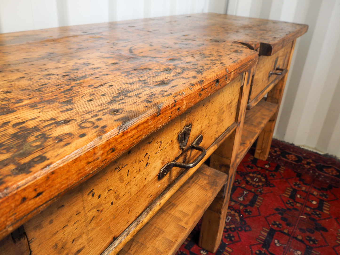 Antique Vintage Large Dutch Industrial Pine Wooden Kitchen Table Worktop / Island / Work Bench with Drawers