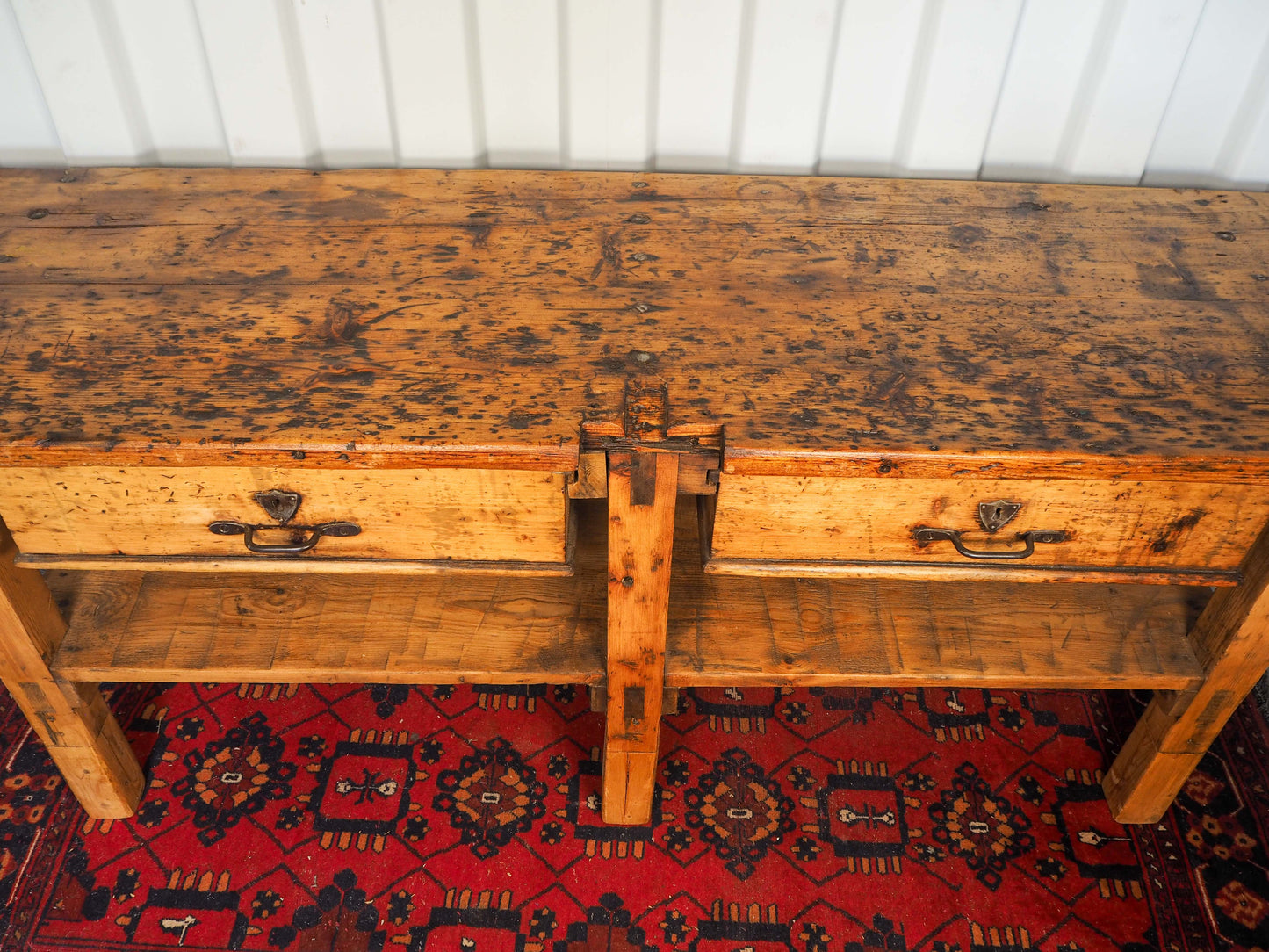 Antique Vintage Large Dutch Industrial Pine Wooden Kitchen Table Worktop / Island / Work Bench with Drawers
