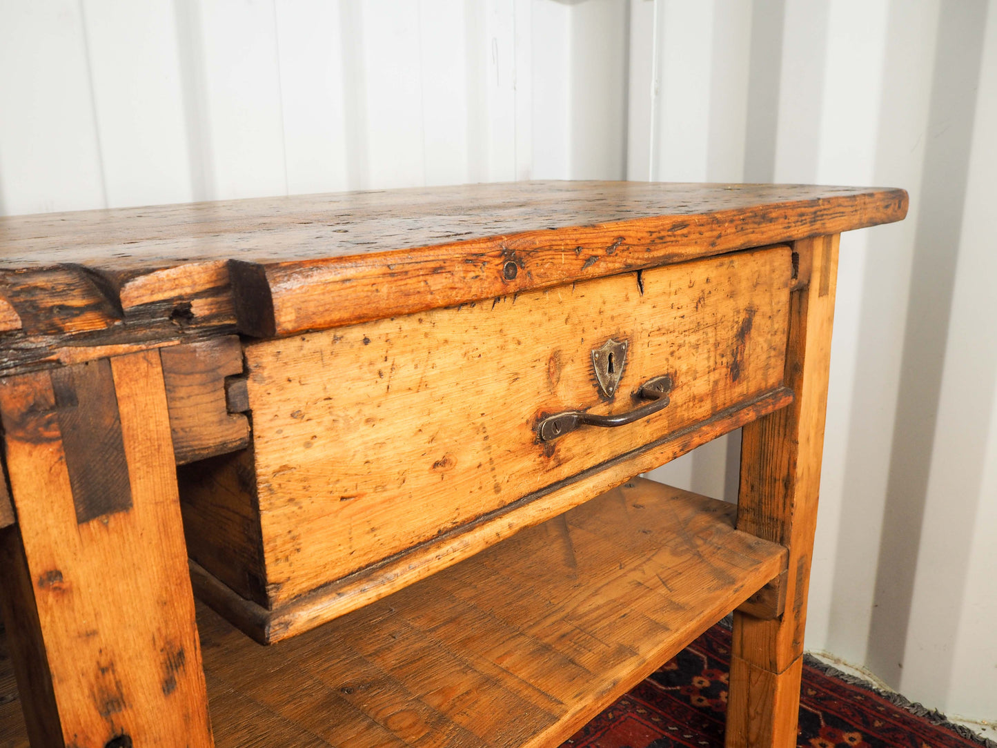 Antique Vintage Large Dutch Industrial Pine Wooden Kitchen Table Worktop / Island / Work Bench with Drawers