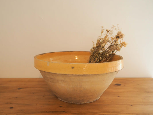 Vintage Antique Original Yellow Glazed French Terracotta Dairy Bowl