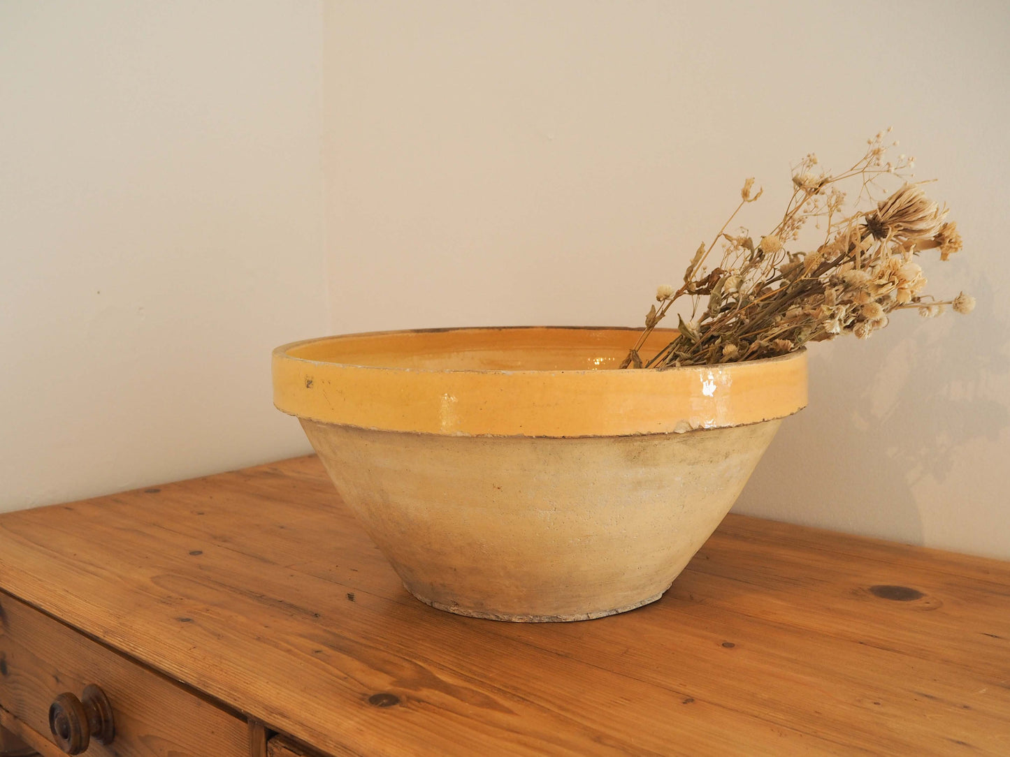 Vintage Antique Original Yellow Glazed French Terracotta Dairy Bowl