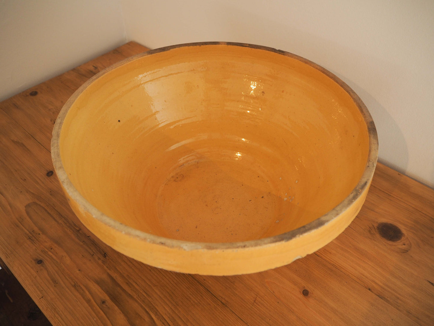 Vintage Antique Original Yellow Glazed French Terracotta Dairy Bowl
