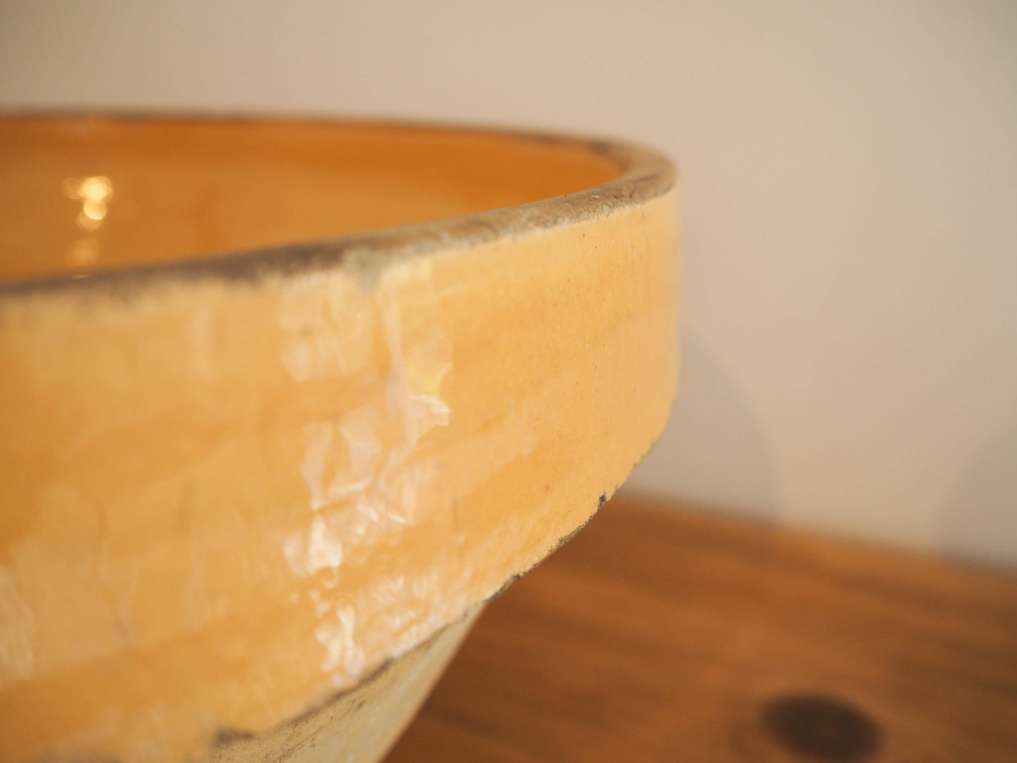 Vintage Antique Original Yellow Glazed French Terracotta Dairy Bowl