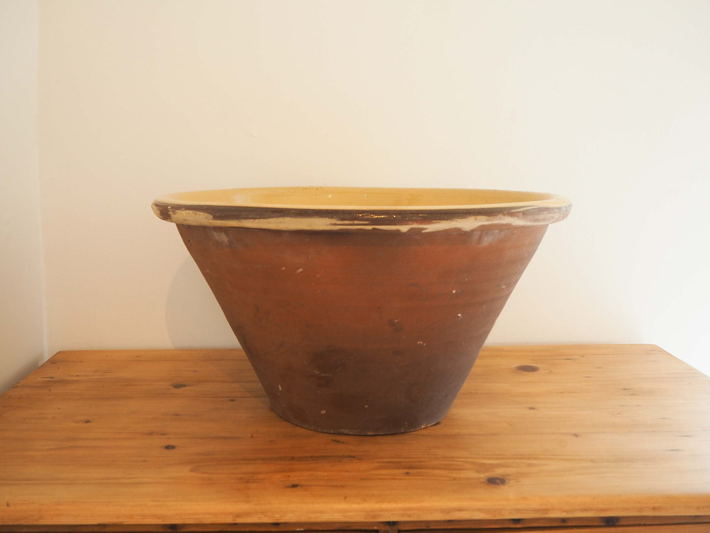 Large Vintage Antique Original Cream Glazed French Terracotta Dairy Bowl