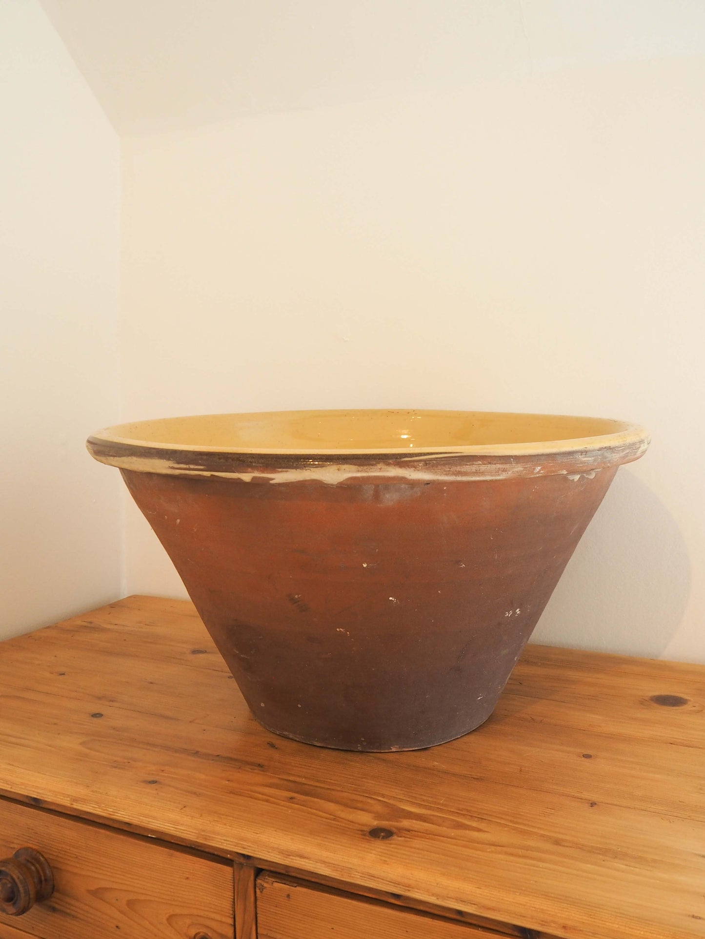 Large Vintage Antique Original Cream Glazed French Terracotta Dairy Bowl