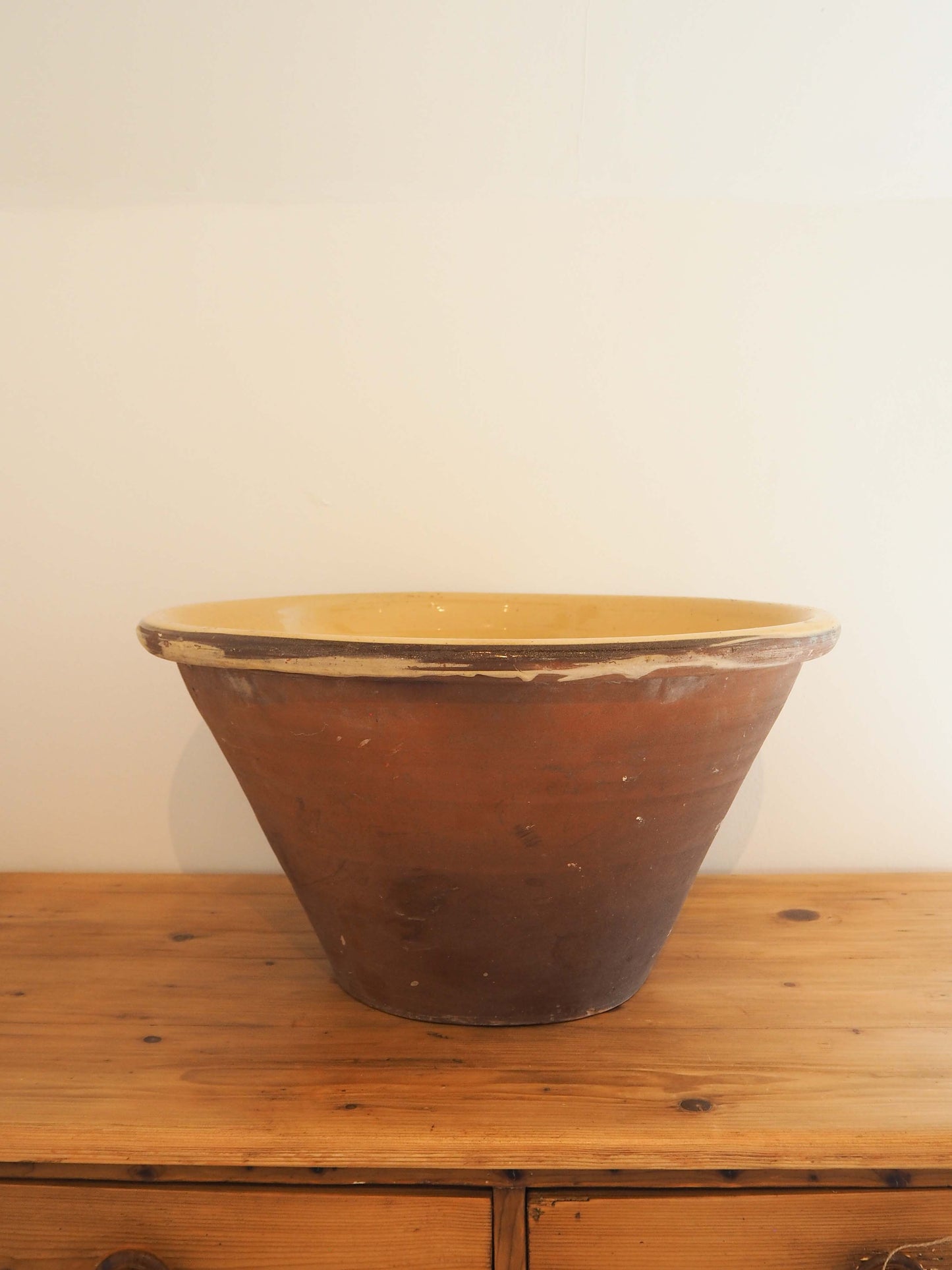 Large Vintage Antique Original Cream Glazed French Terracotta Dairy Bowl