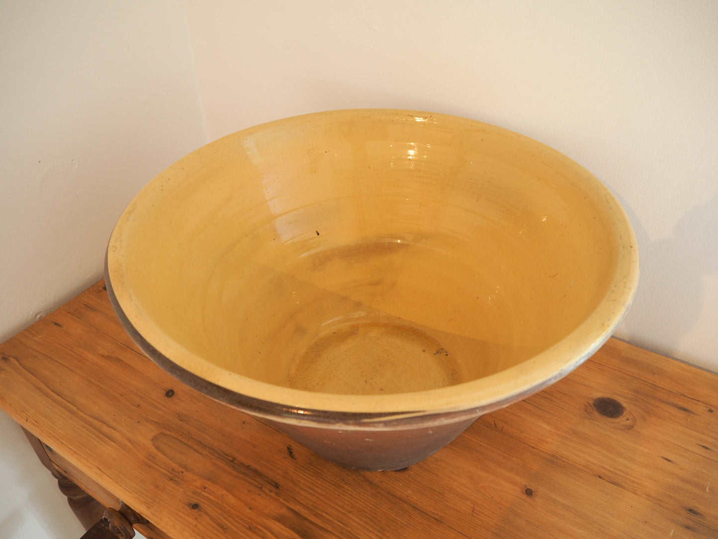 Large Vintage Antique Original Cream Glazed French Terracotta Dairy Bowl