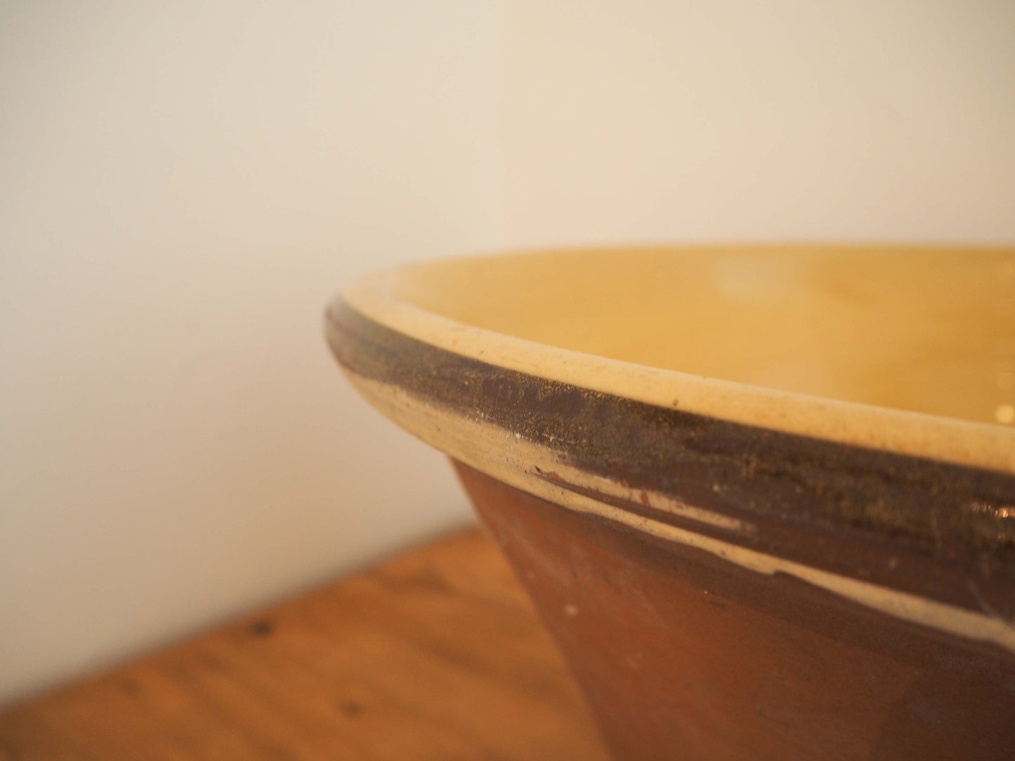 Large Vintage Antique Original Cream Glazed French Terracotta Dairy Bowl
