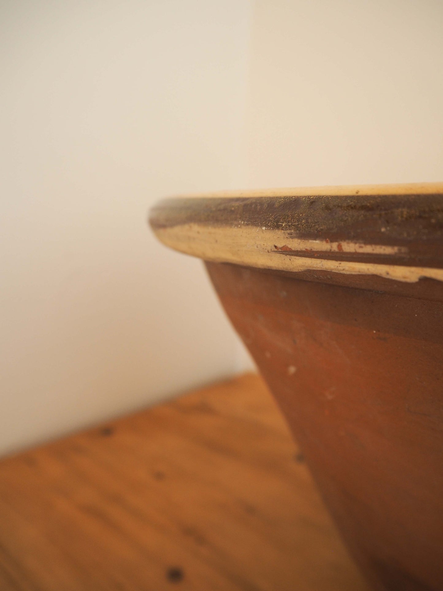 Large Vintage Antique Original Cream Glazed French Terracotta Dairy Bowl