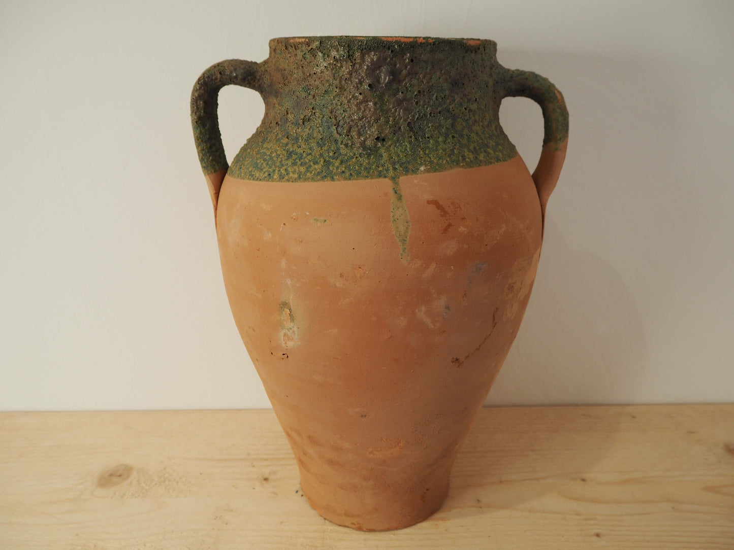 Vintage Antique Terracotta Turkish Green Glazed Handle Pot / Olive Jar / Green Glazed Rim