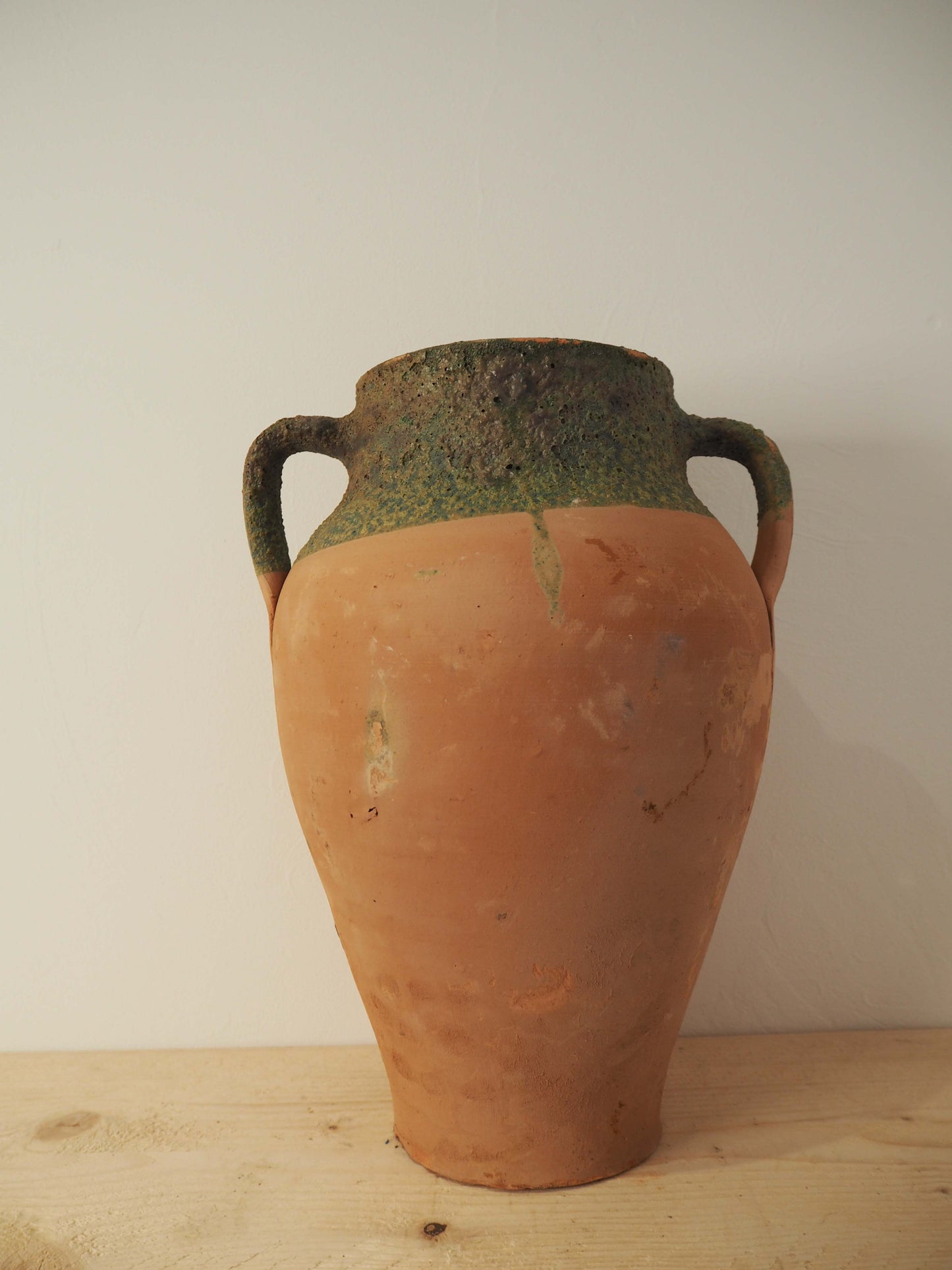 Vintage Antique Terracotta Turkish Green Glazed Handle Pot / Olive Jar / Green Glazed Rim