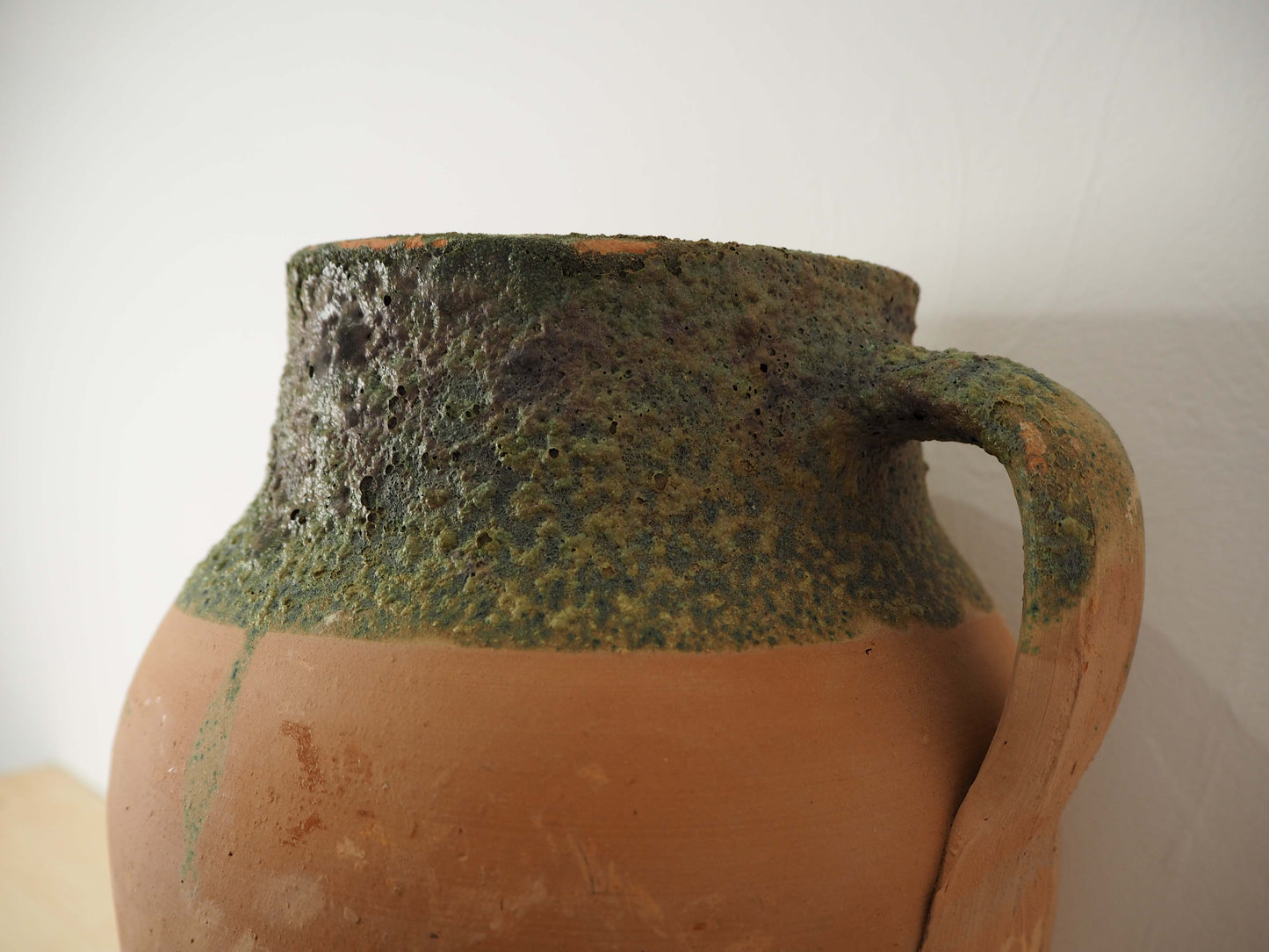 Vintage Antique Terracotta Turkish Green Glazed Handle Pot / Olive Jar / Green Glazed Rim