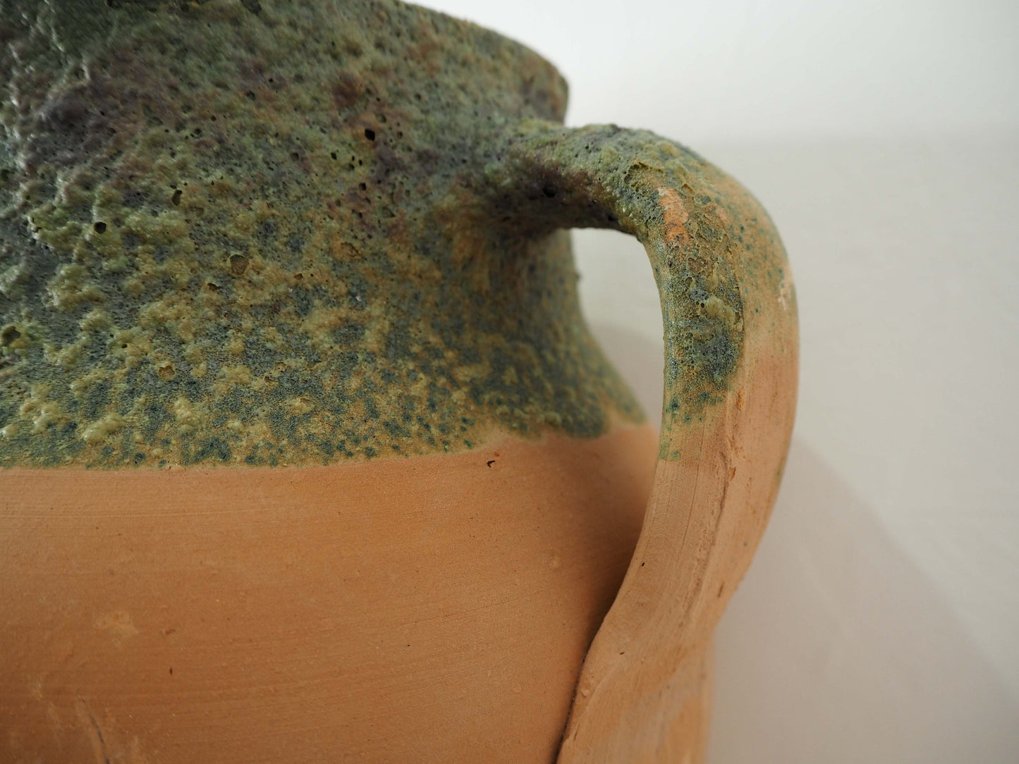 Vintage Antique Terracotta Turkish Green Glazed Handle Pot / Olive Jar / Green Glazed Rim