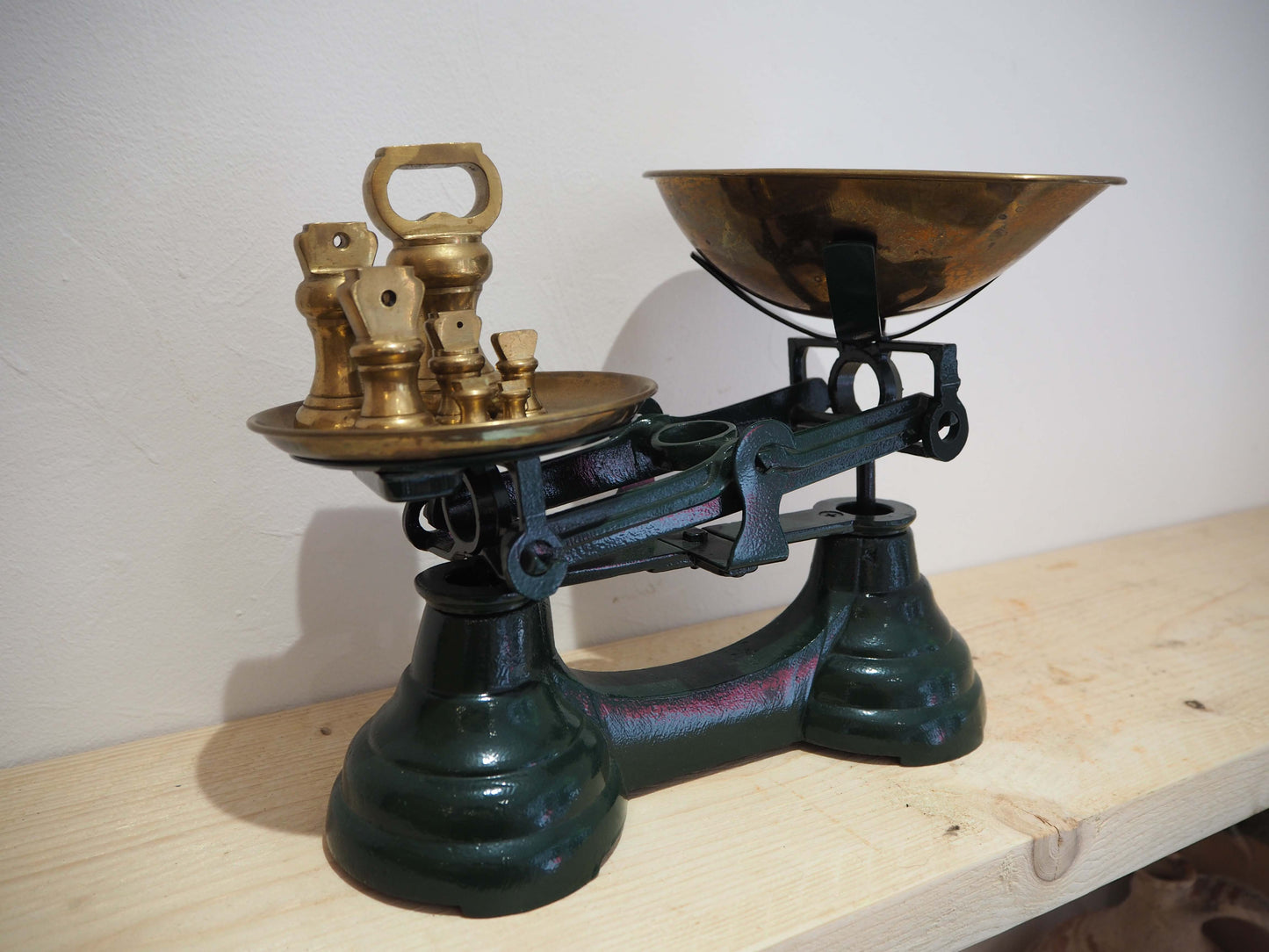 Vintage Green Metal Kitchen Weighing Scales with Brass Bowl & Brass Weights