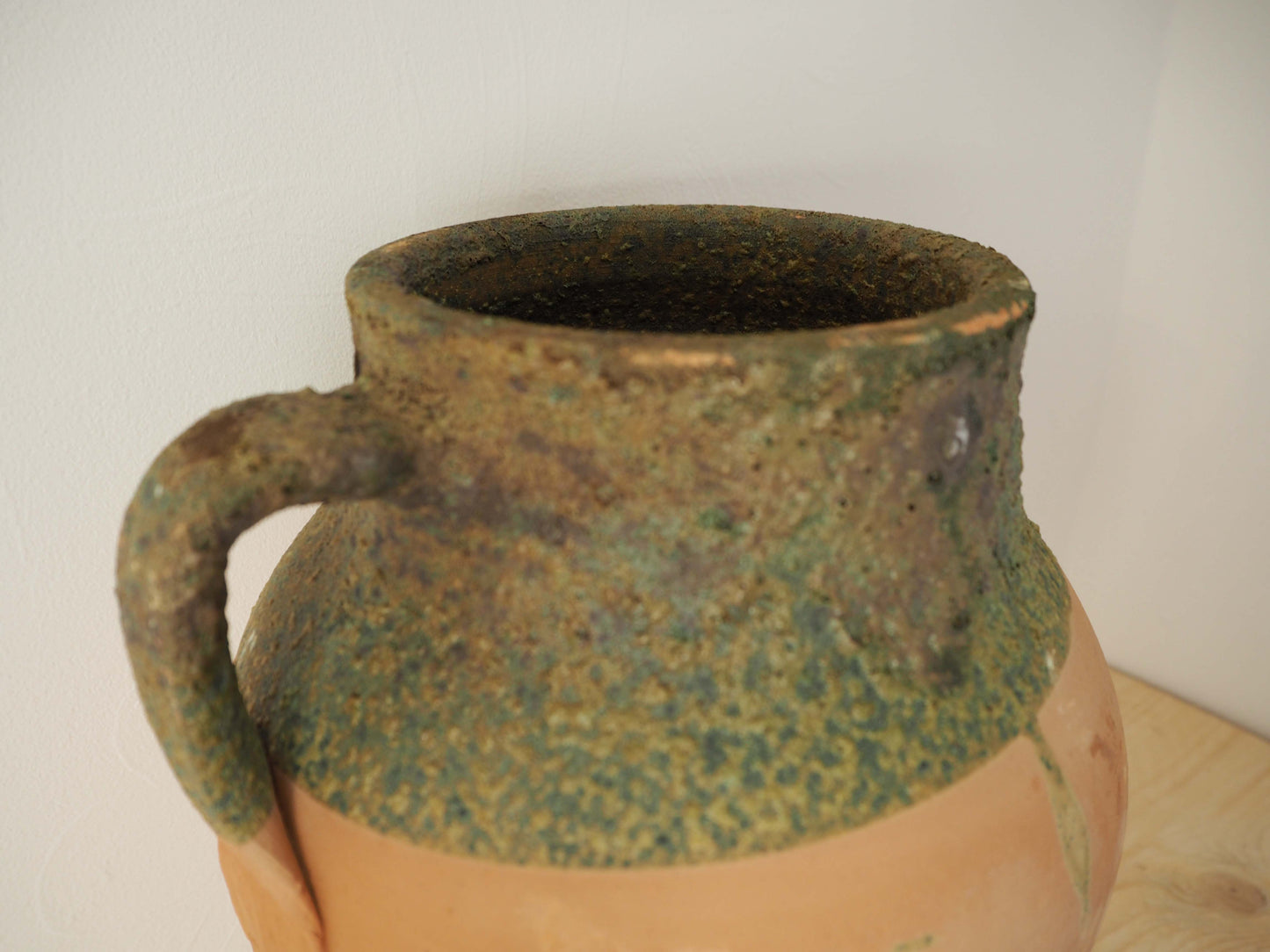 Vintage Antique Terracotta Turkish Green Glazed Handle Pot / Olive Jar / Green Glazed Rim