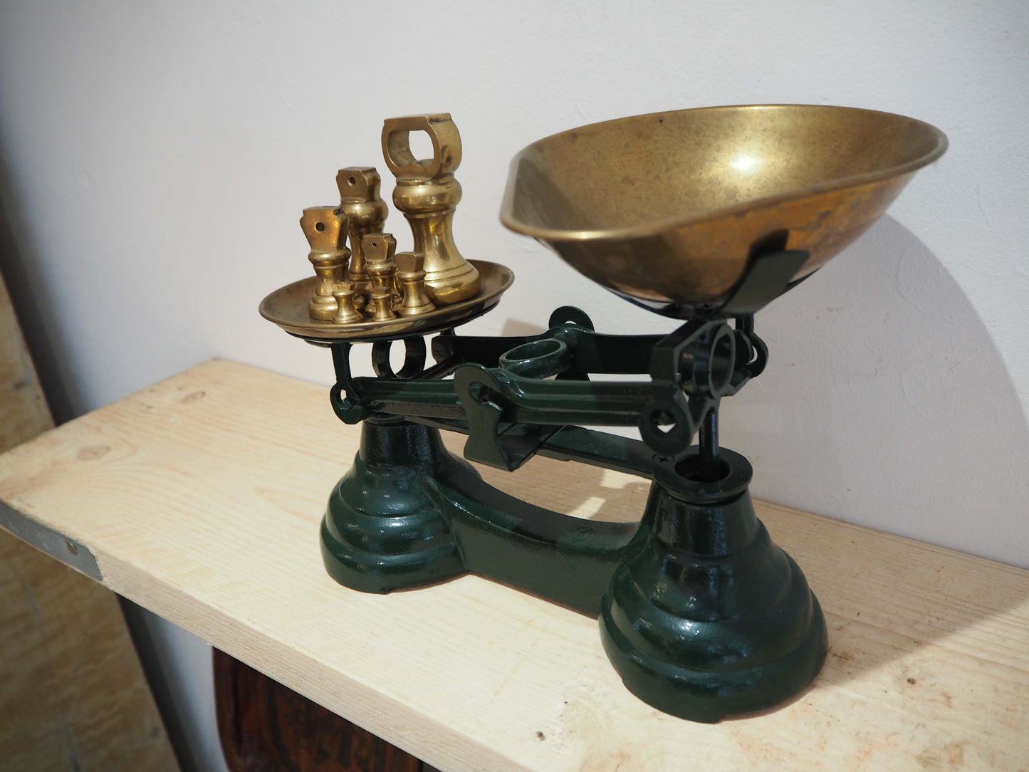 Vintage Green Metal Kitchen Weighing Scales with Brass Bowl & Brass Weights
