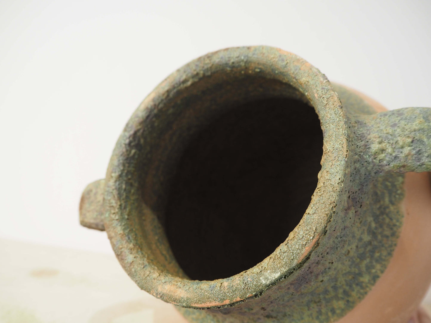 Vintage Antique Terracotta Turkish Green Glazed Handle Pot / Olive Jar / Green Glazed Rim