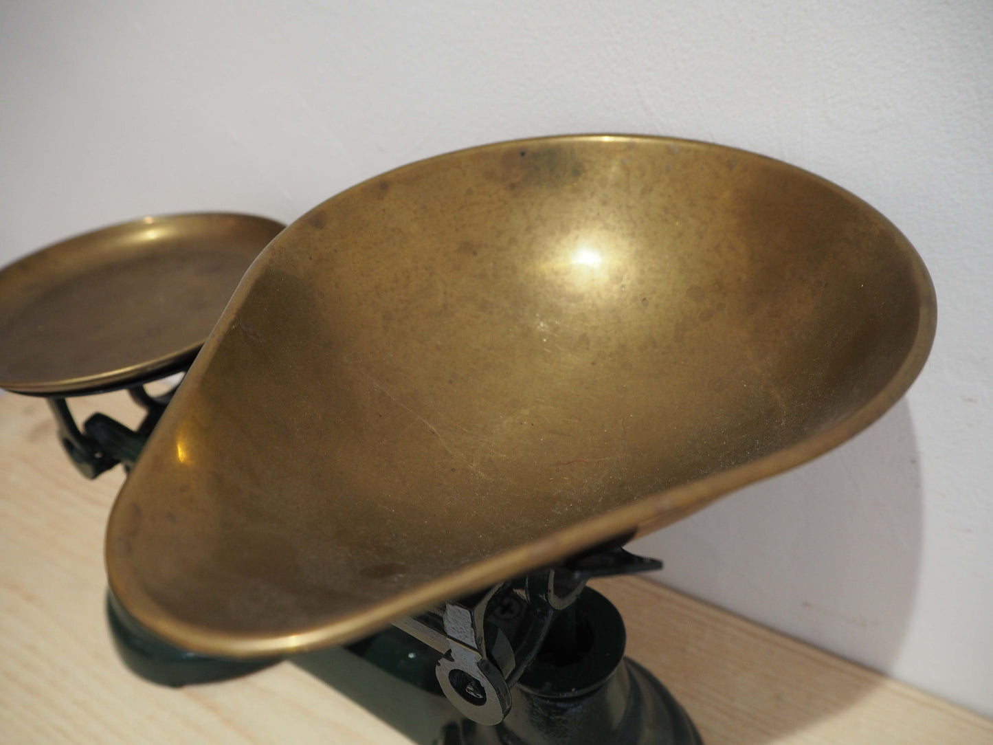Vintage Green Metal Kitchen Weighing Scales with Brass Bowl & Brass Weights