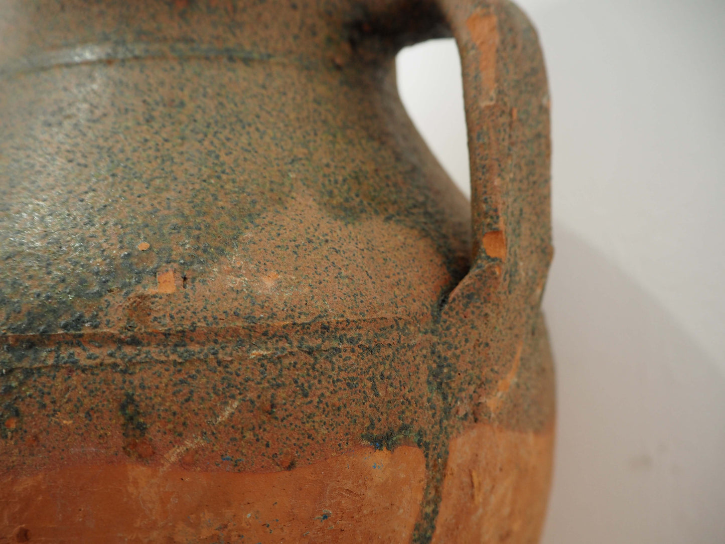 Vintage Antique Terracotta Turkish Green Glazed Handle Pot / Olive Jar / Green Glazed Rim
